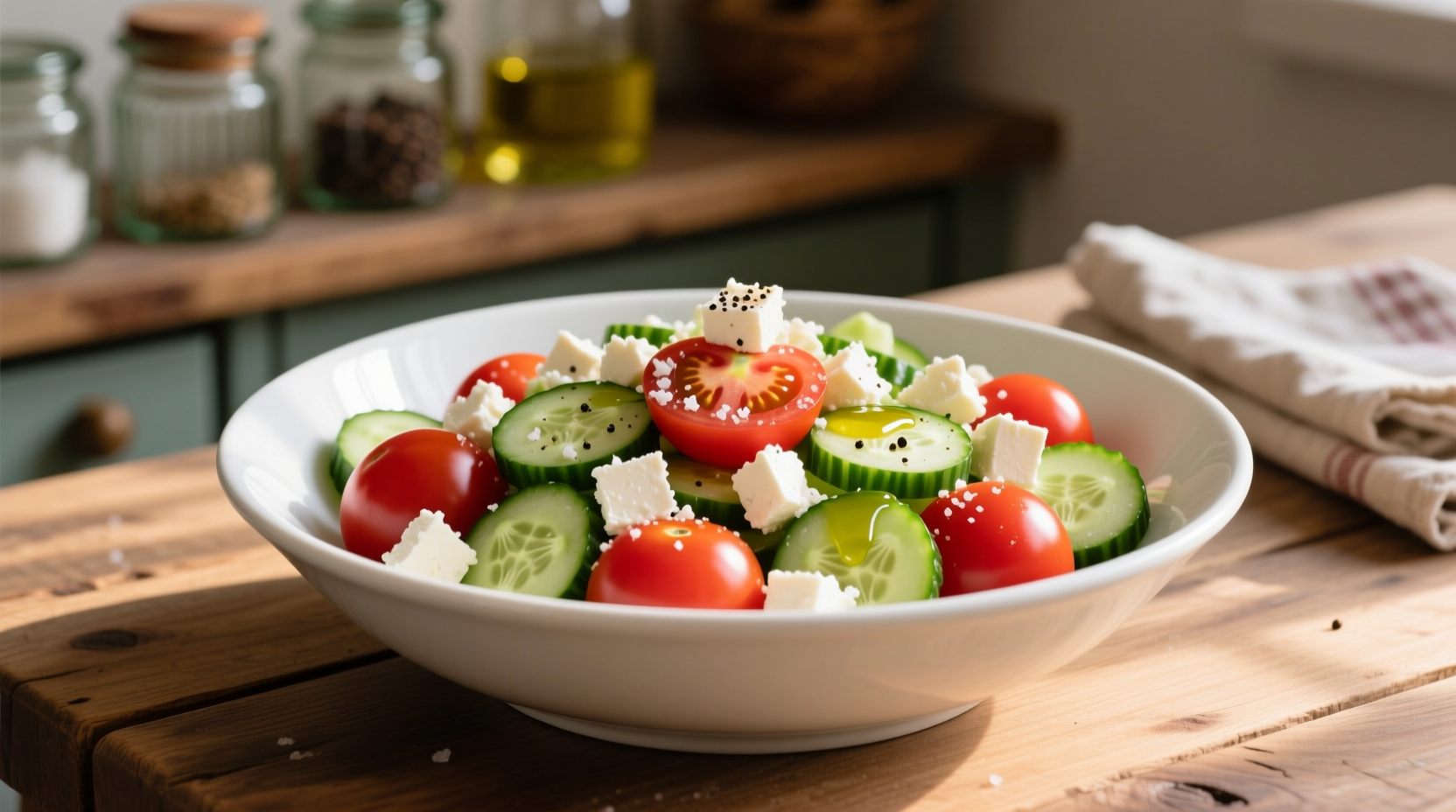 Fresh tomato cucumber salad with feta in white bowl