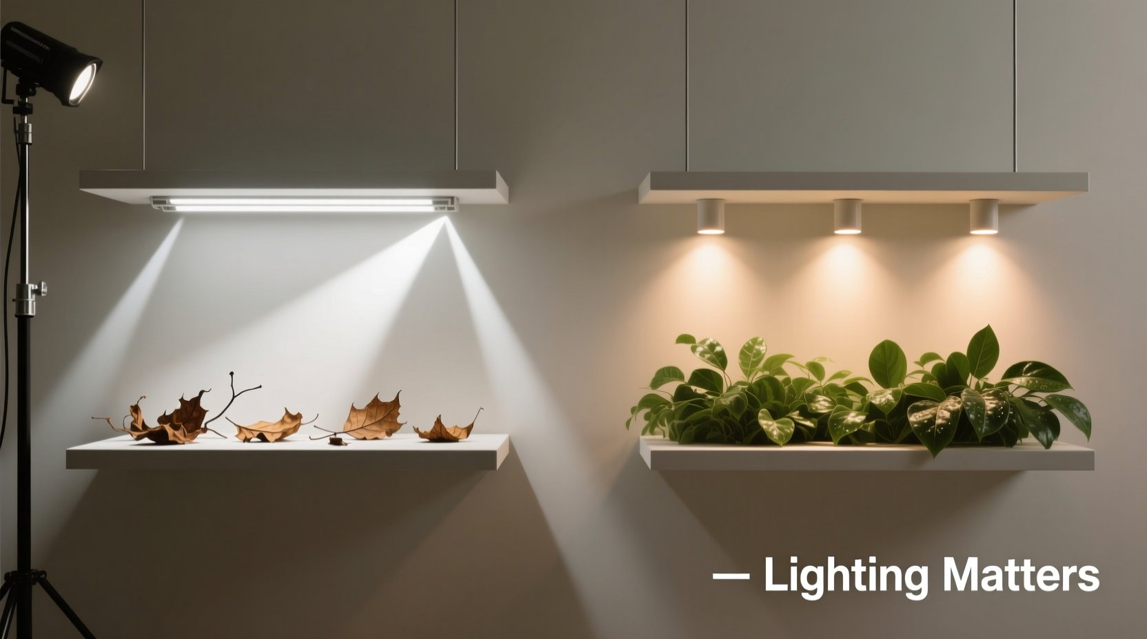 Two identical floating shelves: left shows scattered, harsh halogen spots casting sharp shadows and drying out leaves; right shows three softly focused magnetic LED spotlights angled downward, illuminating foliage evenly with gentle gradients and no glare