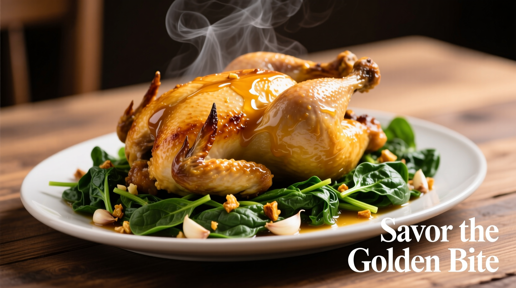 Pan of golden chicken with fresh spinach and garlic