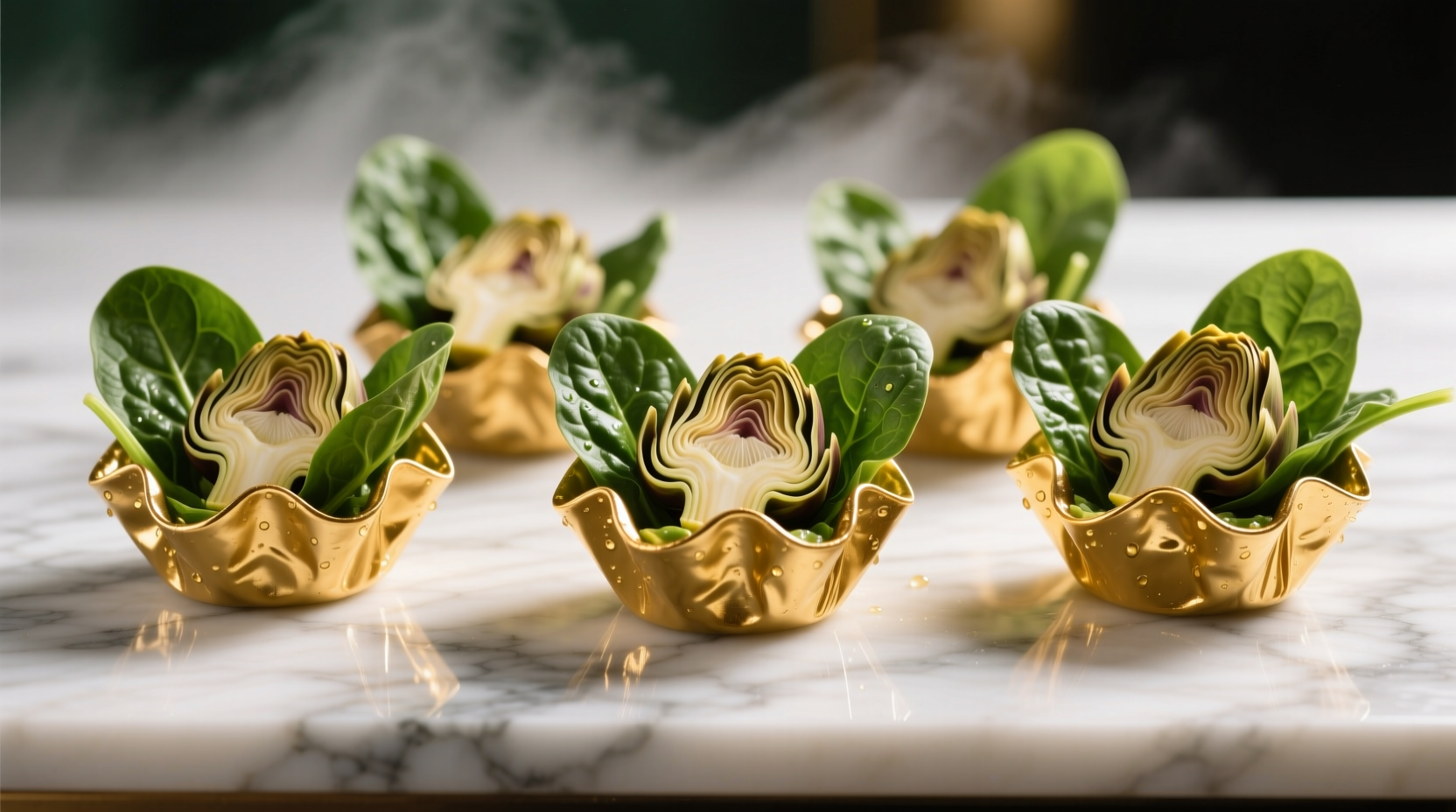 Golden spinach artichoke cups arranged on marble