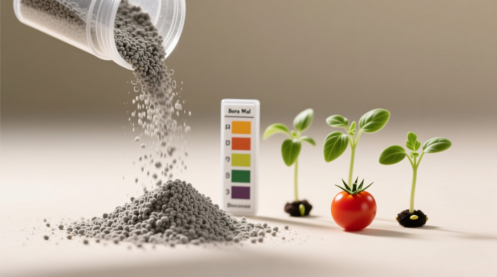 Close-up of bone meal powder showing fine gray granules beside pH testing kit and tomato seedlings