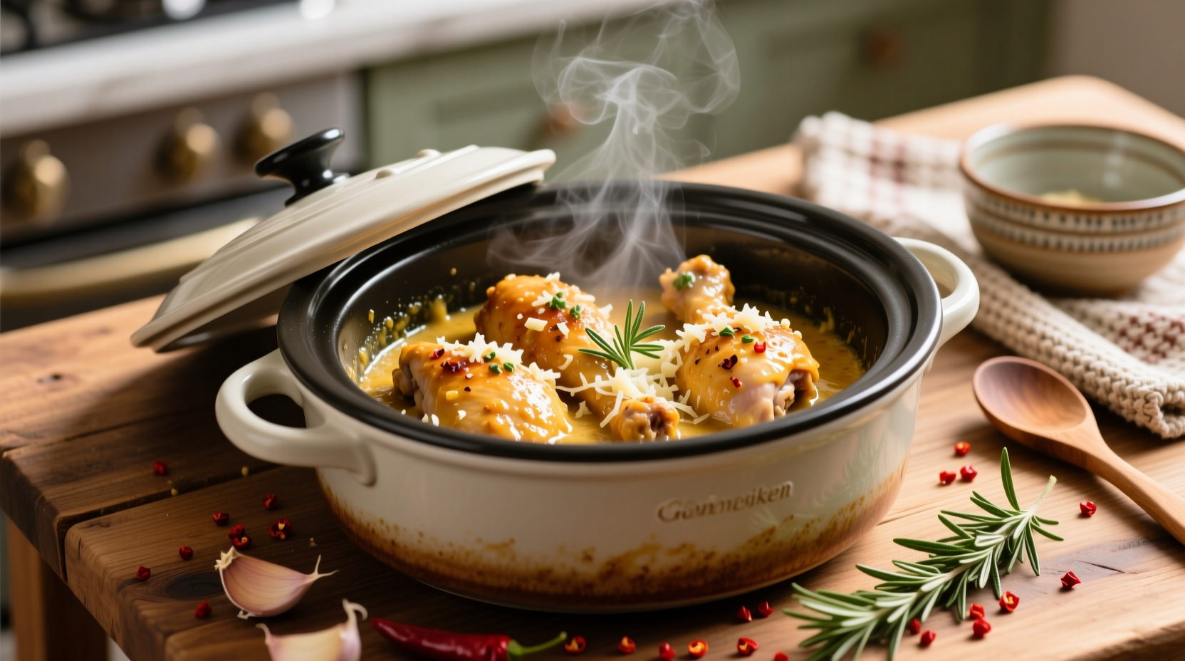 Slow cooker with garlic parmesan chicken
