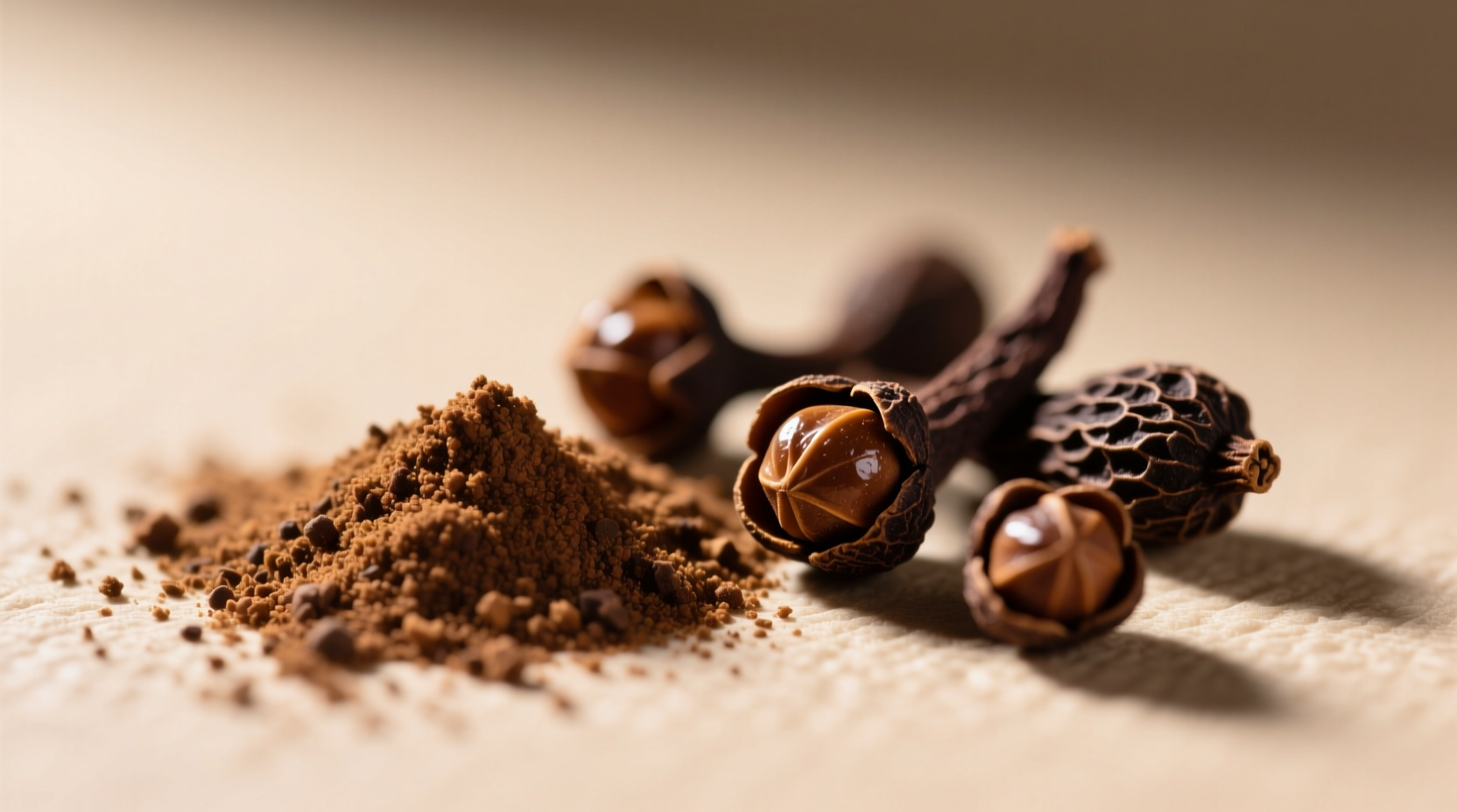 Close-up of whole allspice berries beside ground powder, showing peppercorn-like appearance and rich brown color
