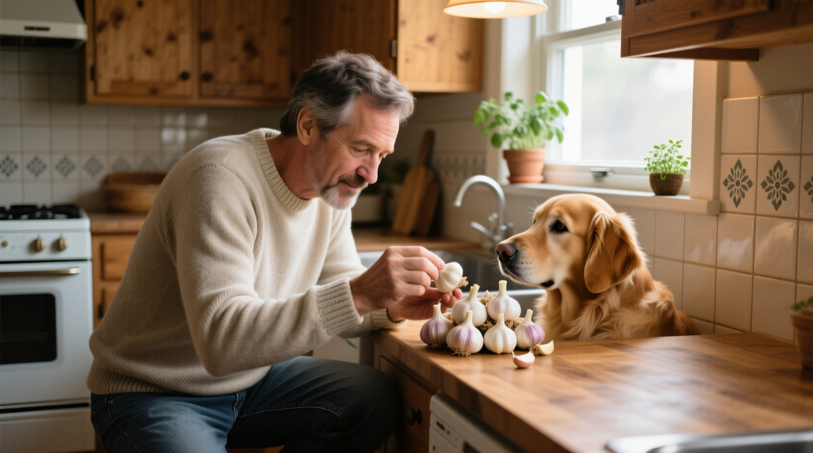 Dog owner checking garlic in kitchen