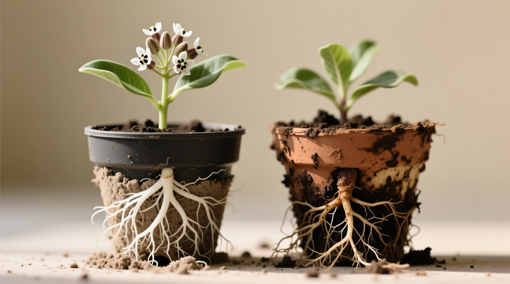 Side-by-side comparison: Healthy milkweed roots (white) vs diseased roots (brown) in nursery pots