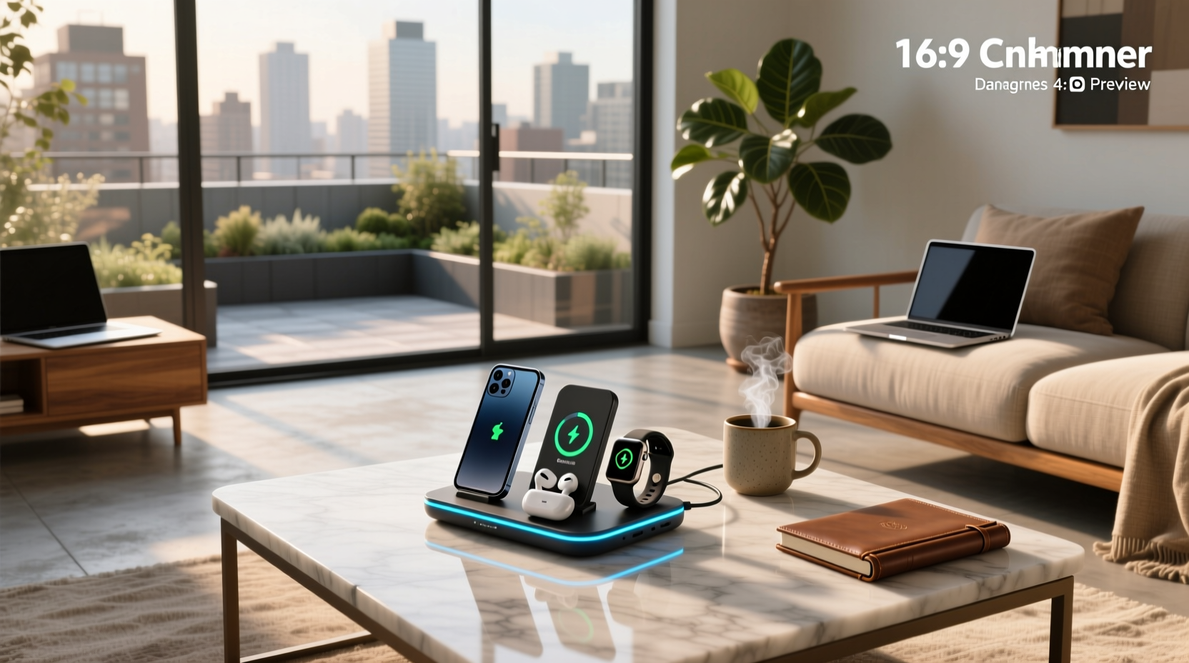 Nimble 3-in-1 Fold Wireless Charger in use with iPhone, Apple Watch, and AirPods