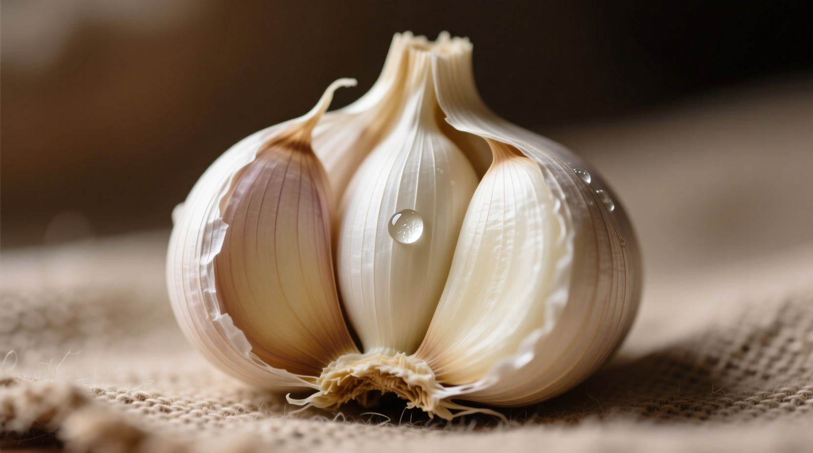 Close-up of fresh garlic cloves with papery skin