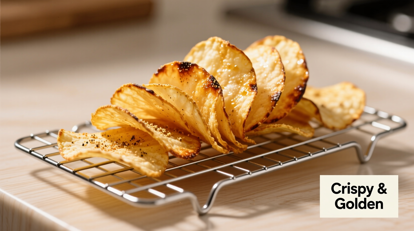 Perfectly golden crispy onion chips on wire rack
