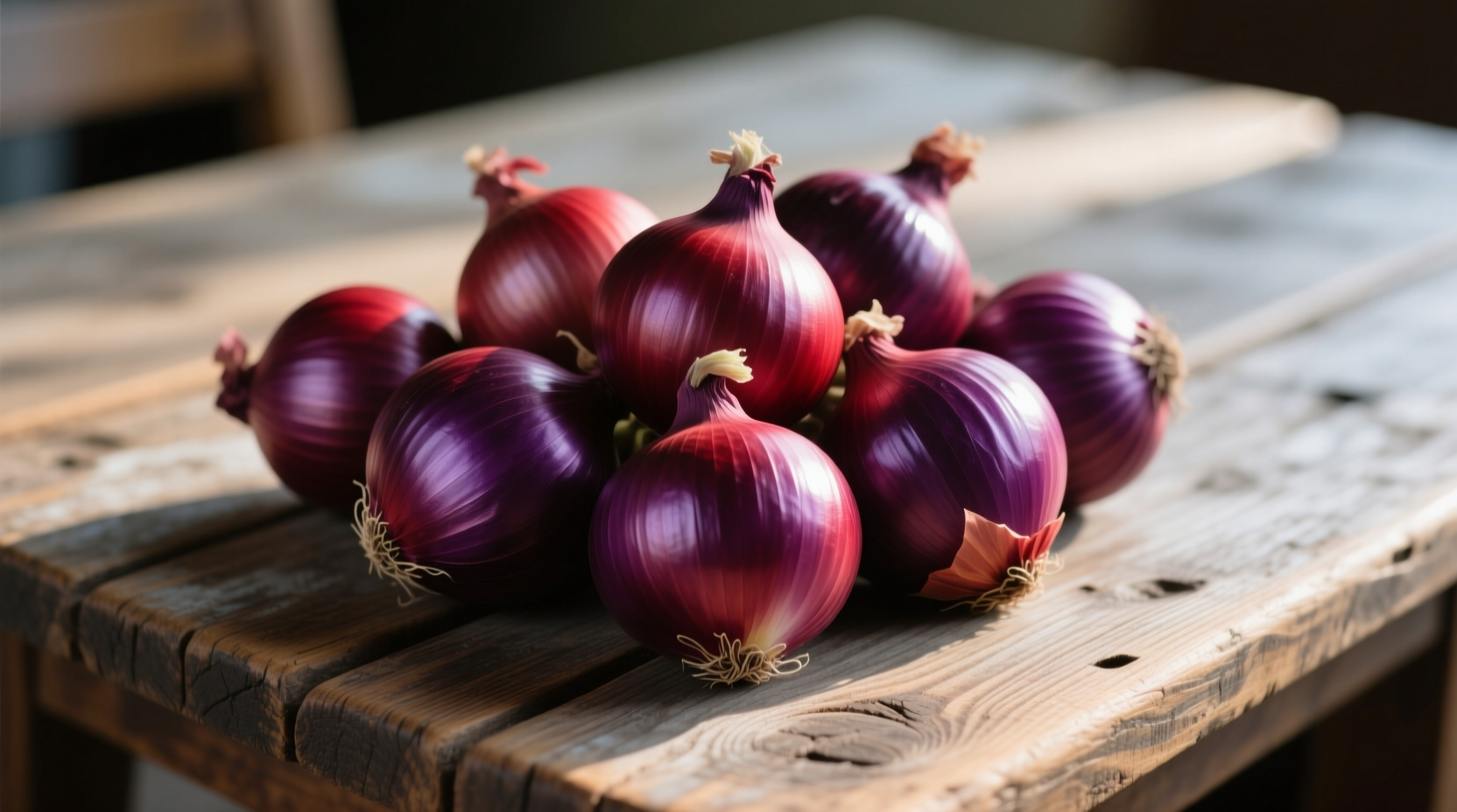 Fresh red onions with purple skin on wooden table