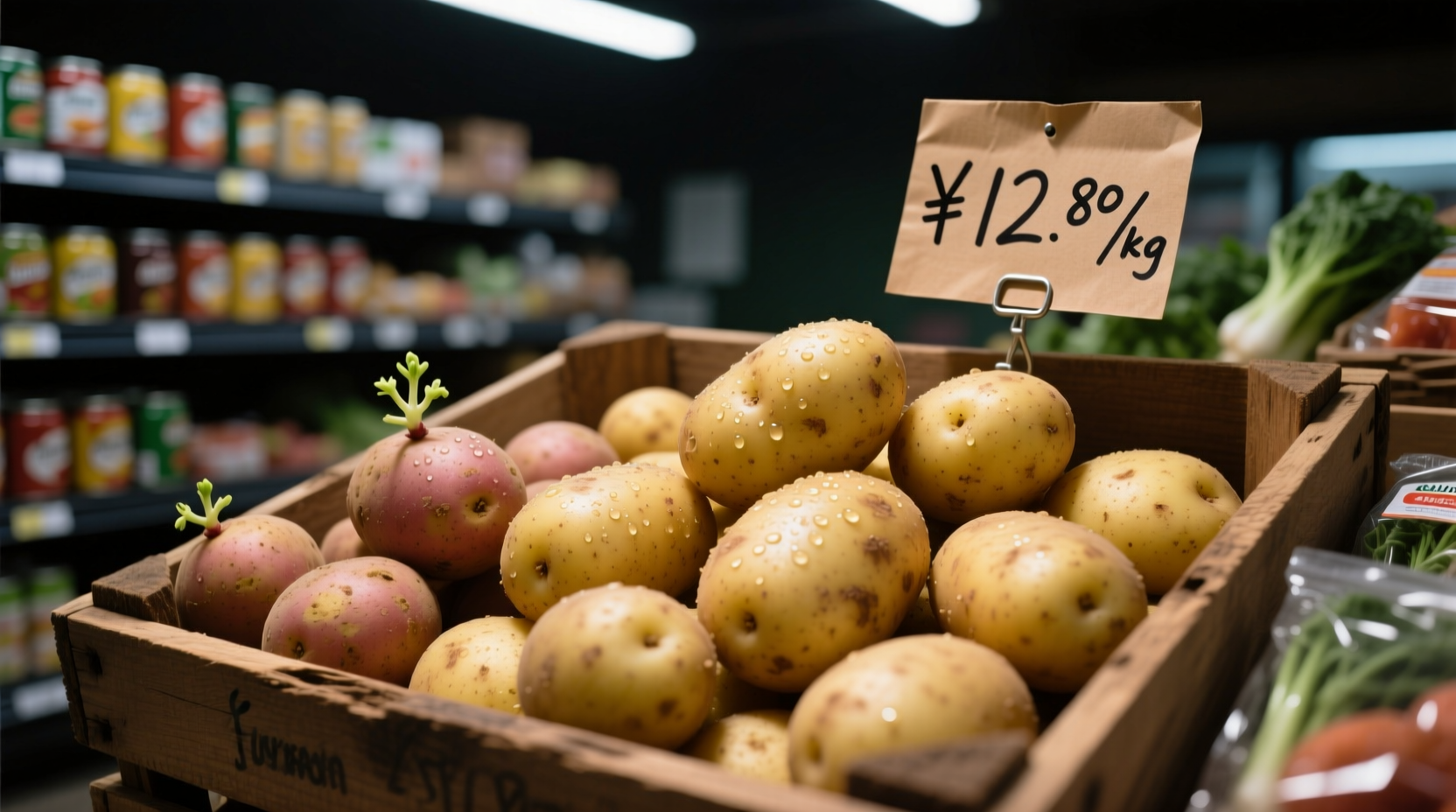 Fresh potatoes displayed in a grocery store bin with price tag