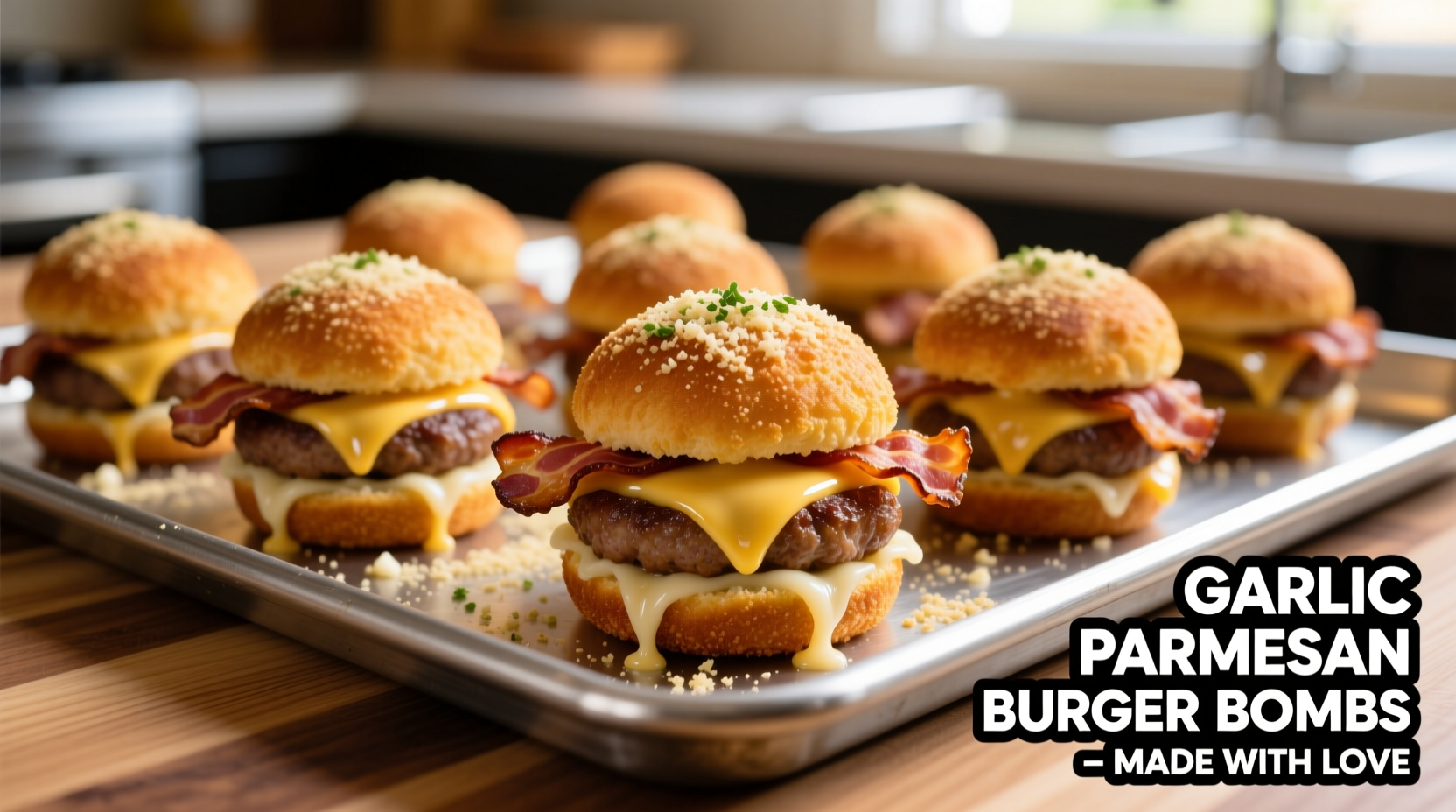 Golden garlic parmesan bacon cheeseburger bombs on baking sheet