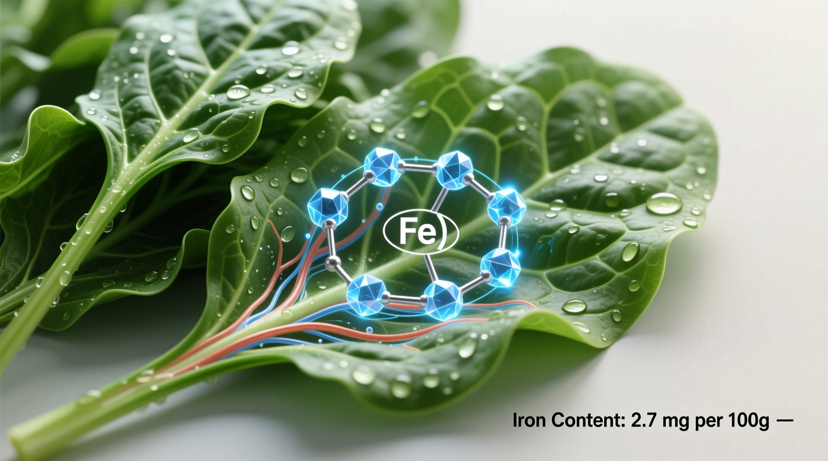 Fresh spinach leaves with iron molecule visualization