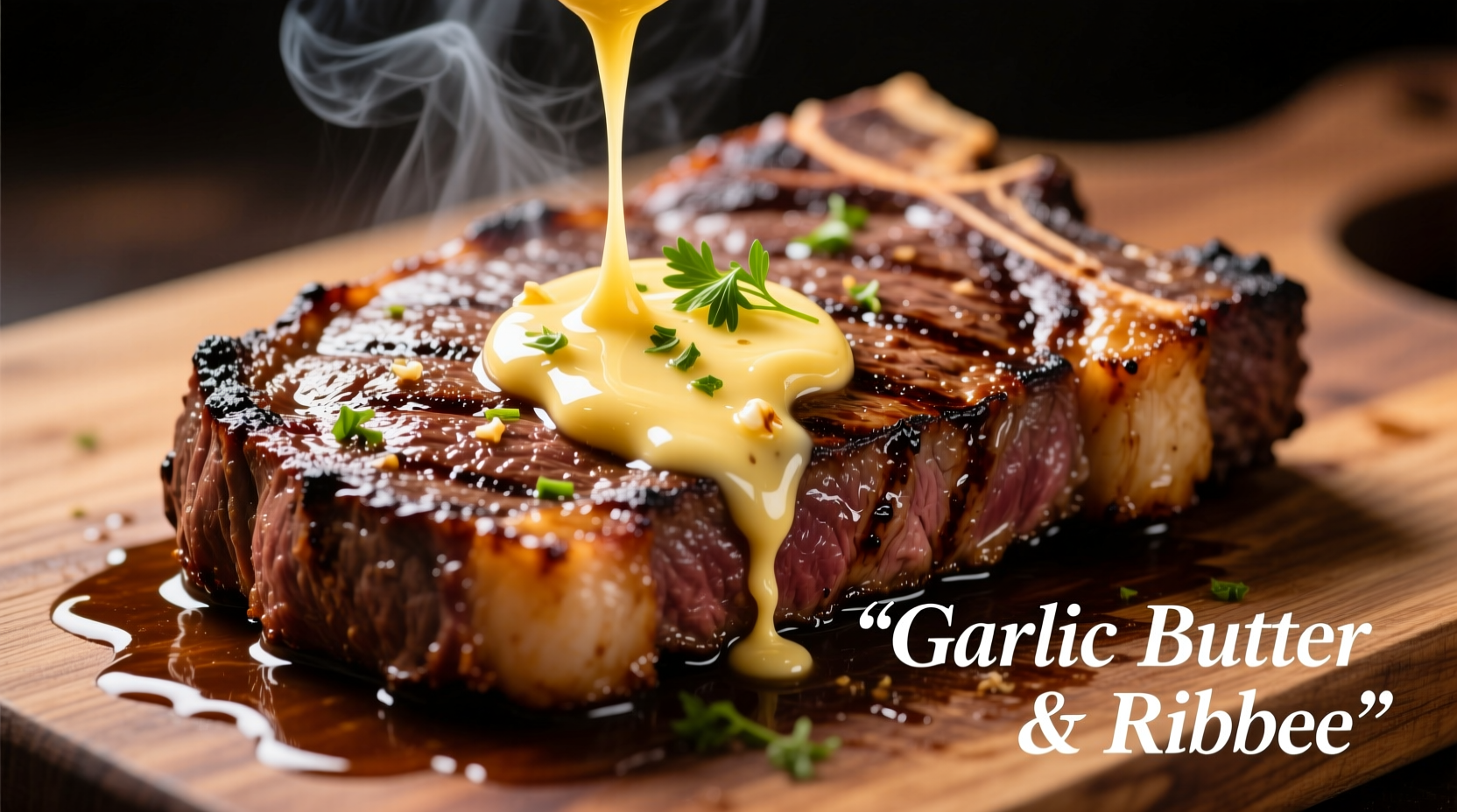 Homemade garlic butter melting on grilled ribeye steak