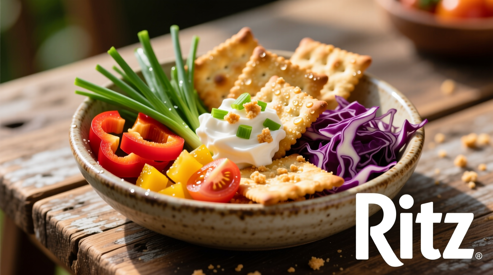 Ritz Sour Cream and Onion crackers in bowl with fresh garnishes