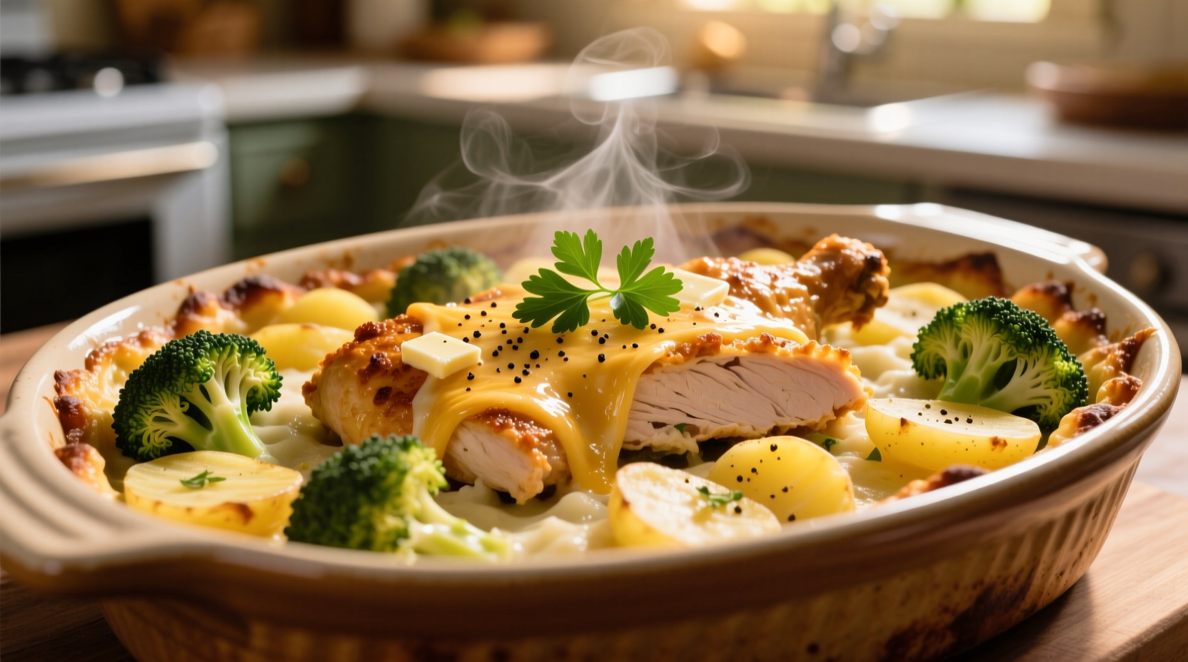 Golden chicken broccoli potato casserole in baking dish