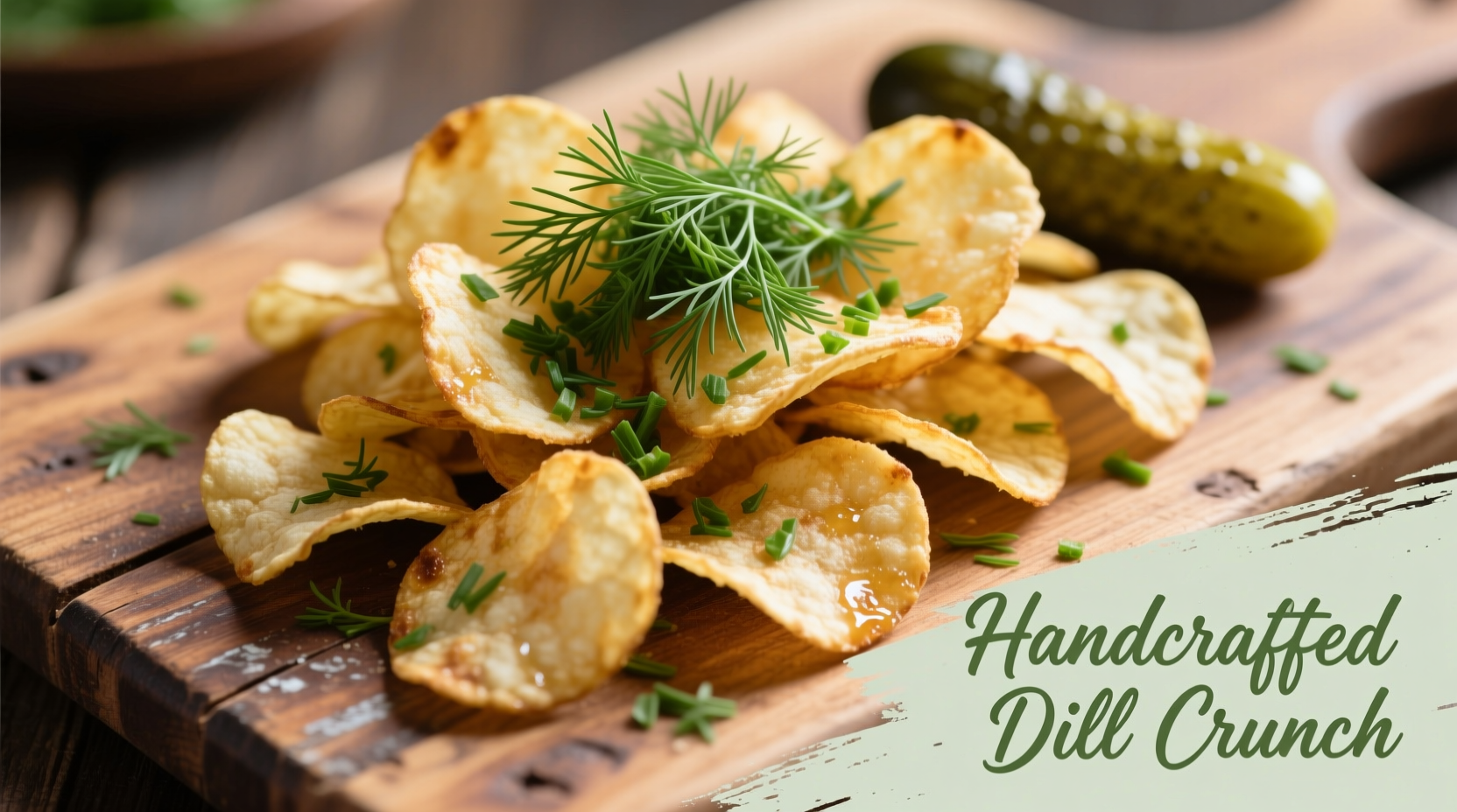 Homemade dill pickle potato chips with fresh dill garnish on wooden board