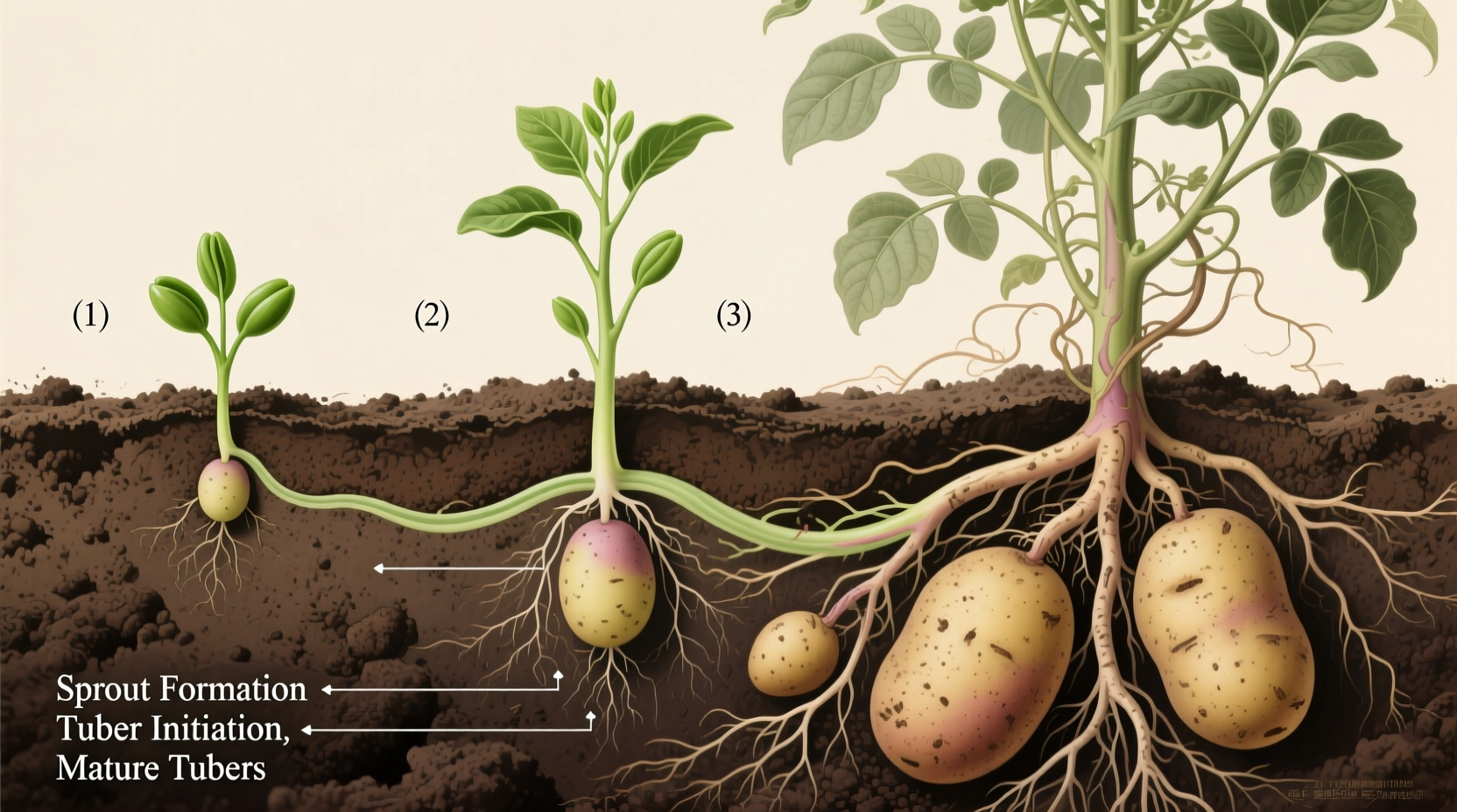 Potato plant growth stages showing sprouts and tubers