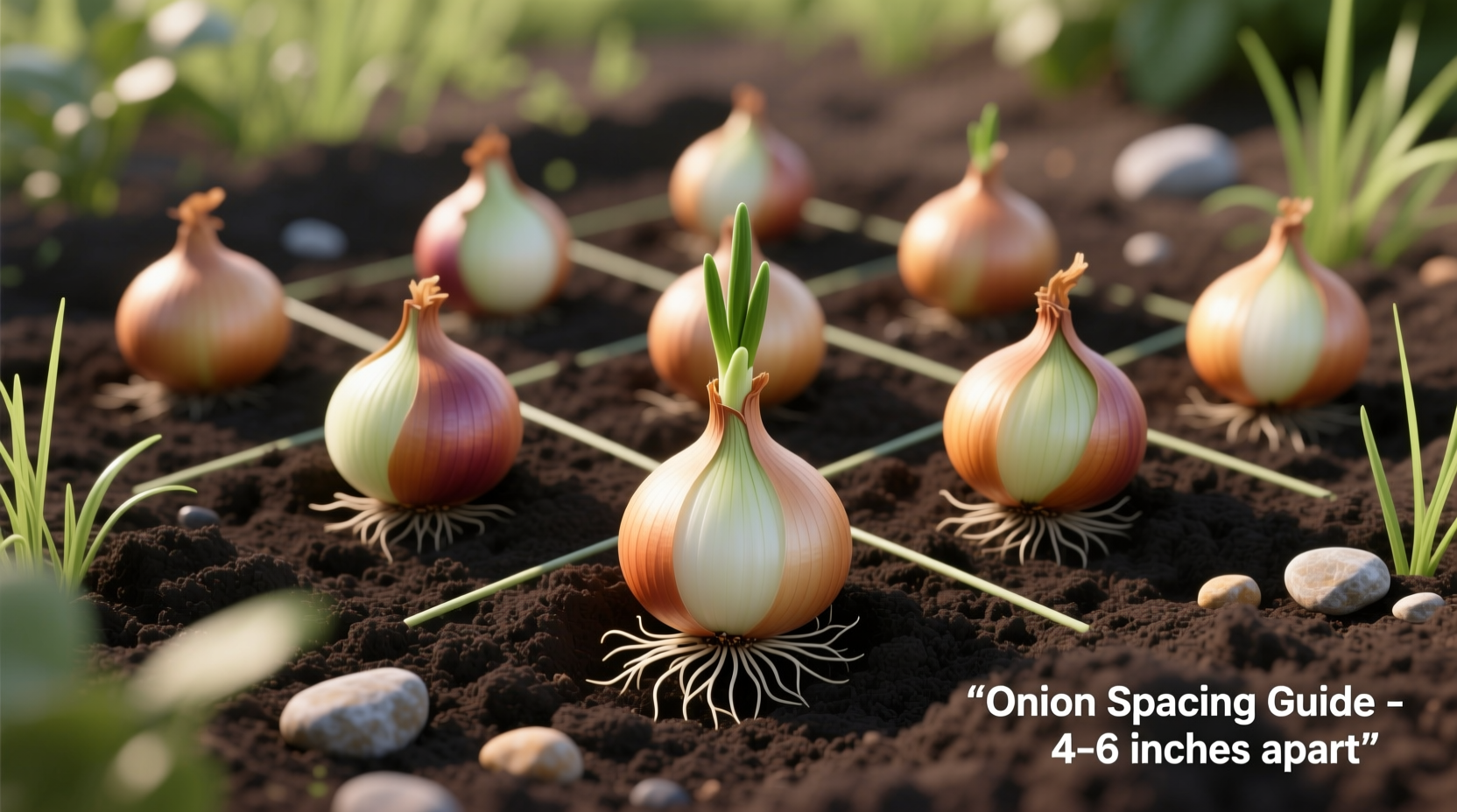 Properly spaced onion bulbs in garden soil