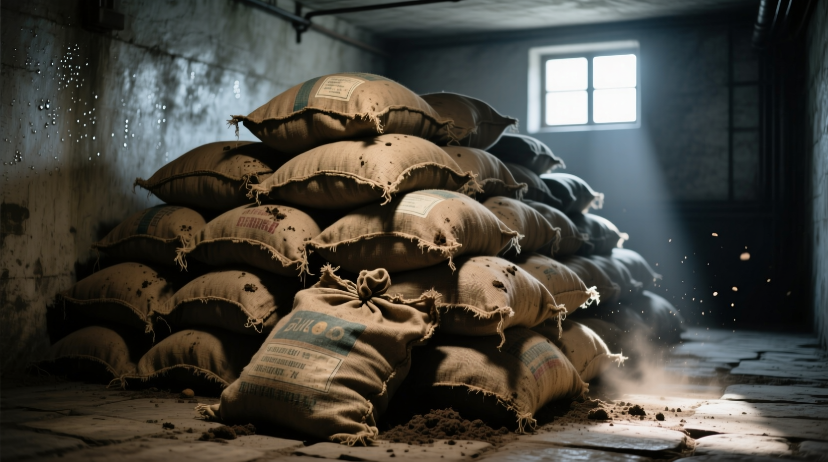 Burlap potato sacks stacked in a cool, dark storage area