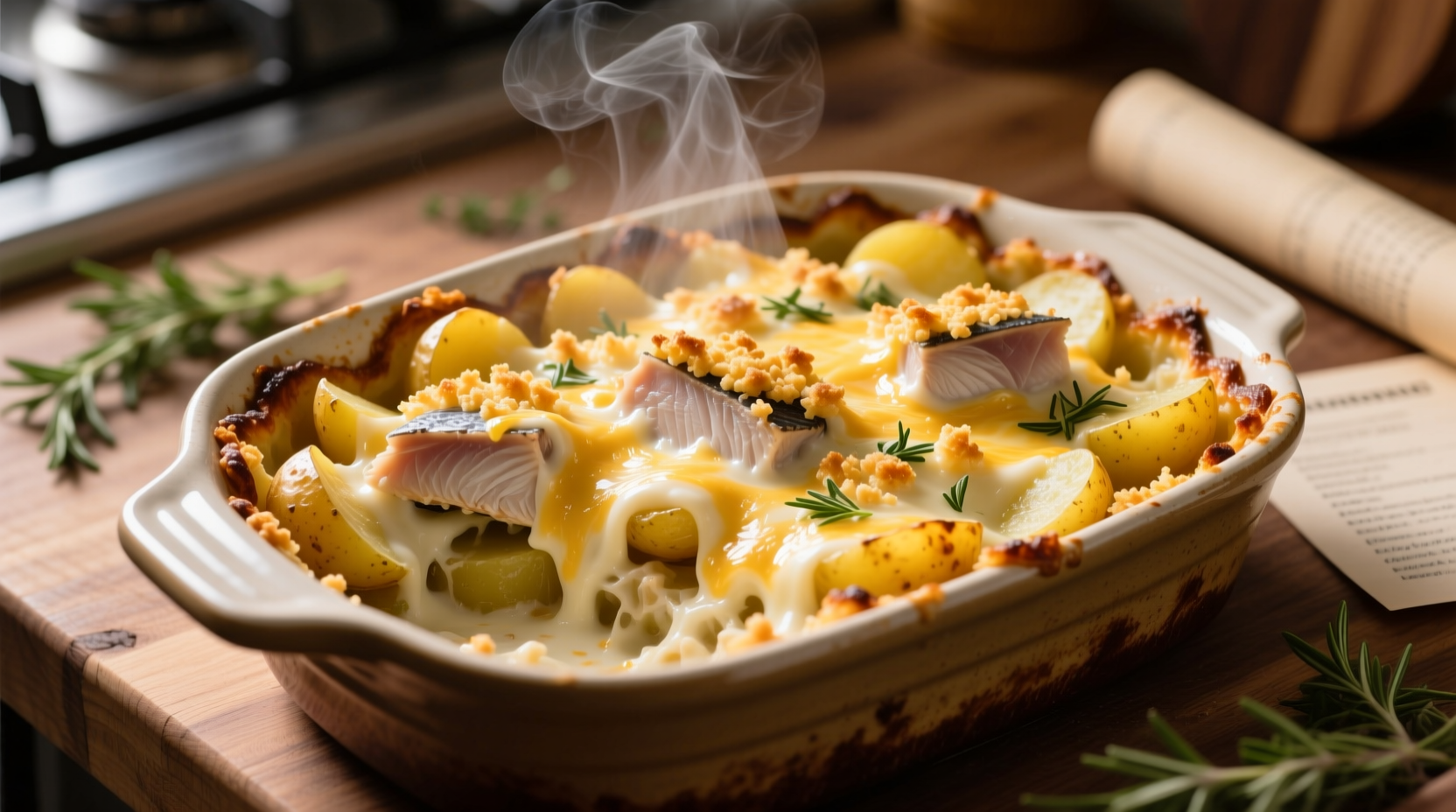 Golden tuna potato casserole fresh from oven