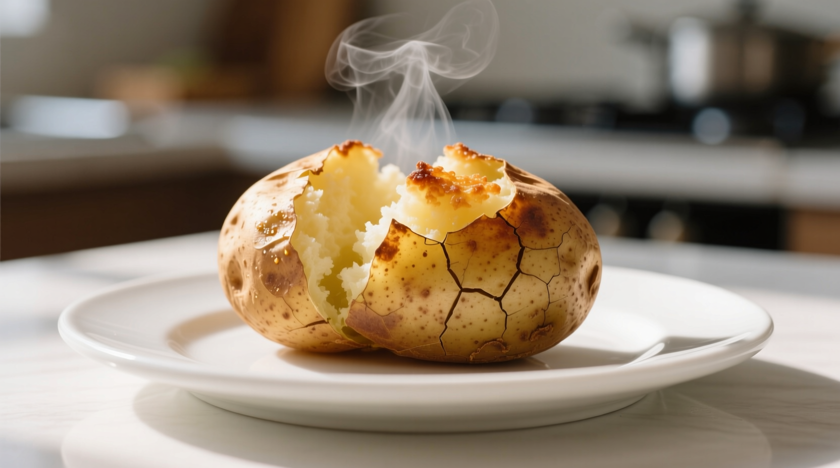 Medium baked potato with skin on white plate