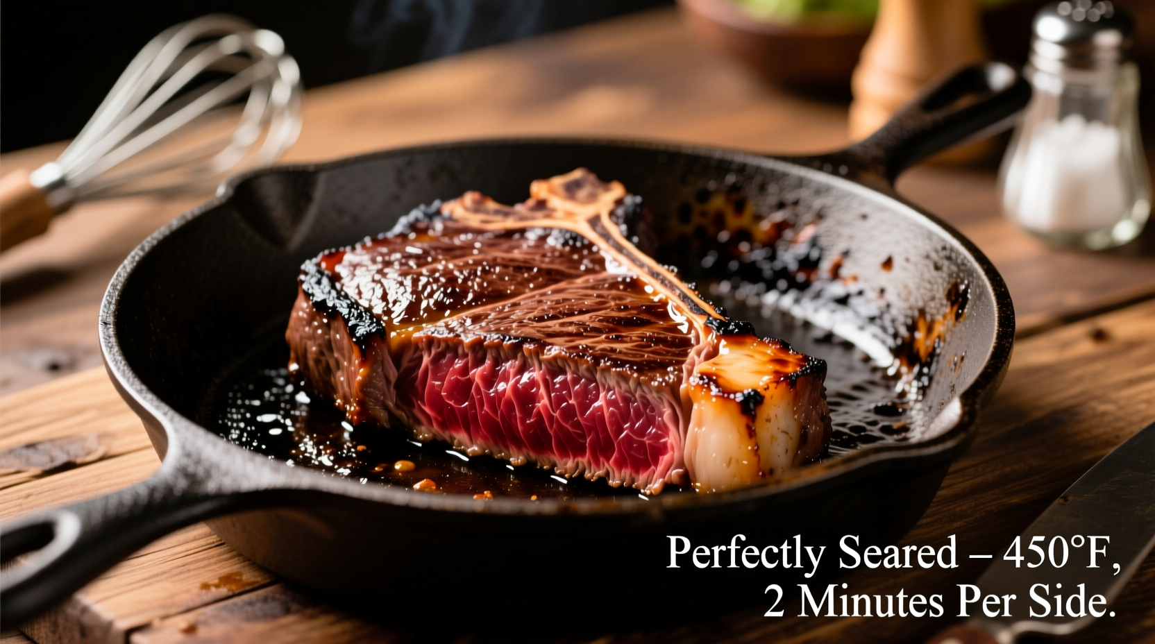 Perfectly seared strip steak with crust on cast iron skillet