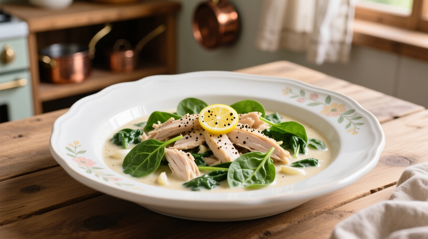 Creamy chicken spinach recipe in white ceramic dish