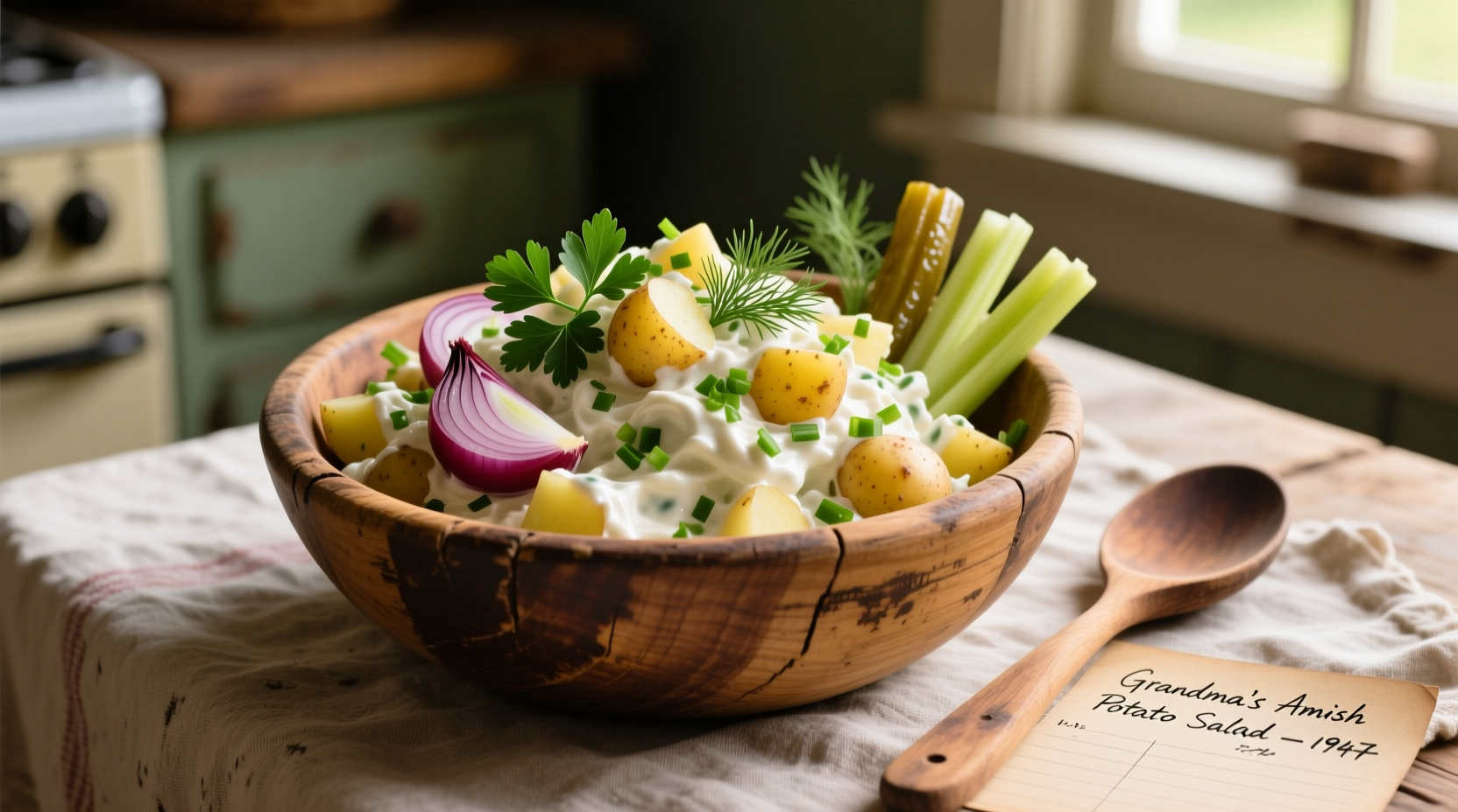 Amish potato salad in wooden bowl with fresh herbs