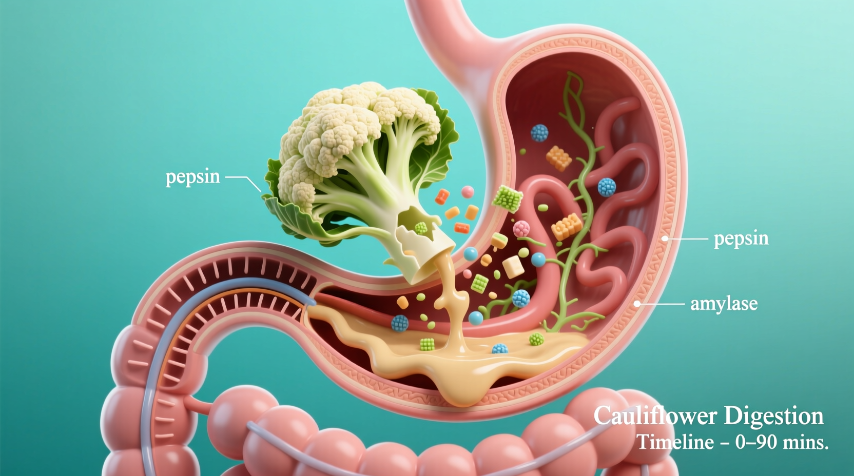Digestive process showing cauliflower breakdown