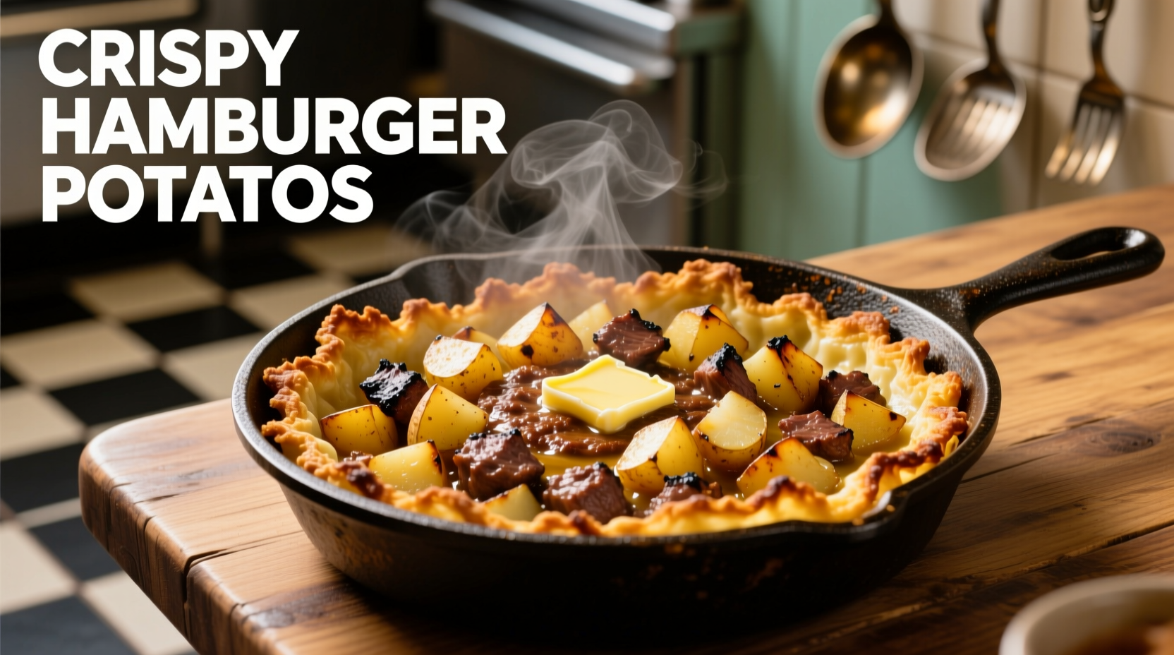 Golden brown hamburger potato skillet with crispy edges