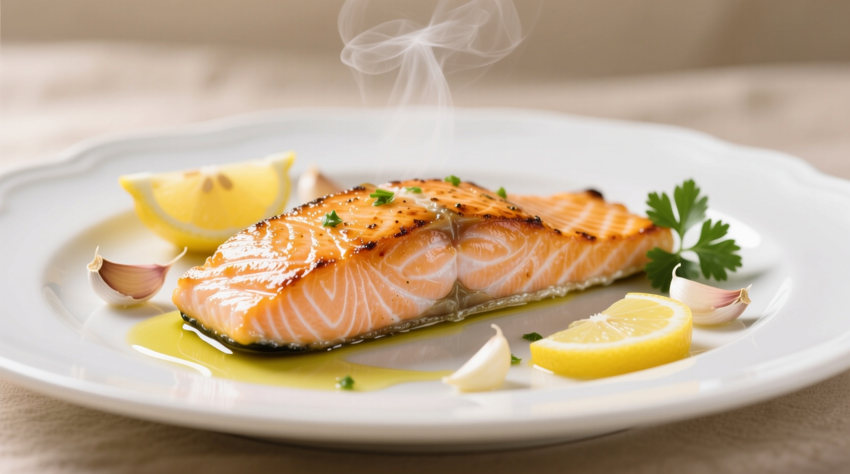 Perfectly cooked lemon garlic salmon on white plate