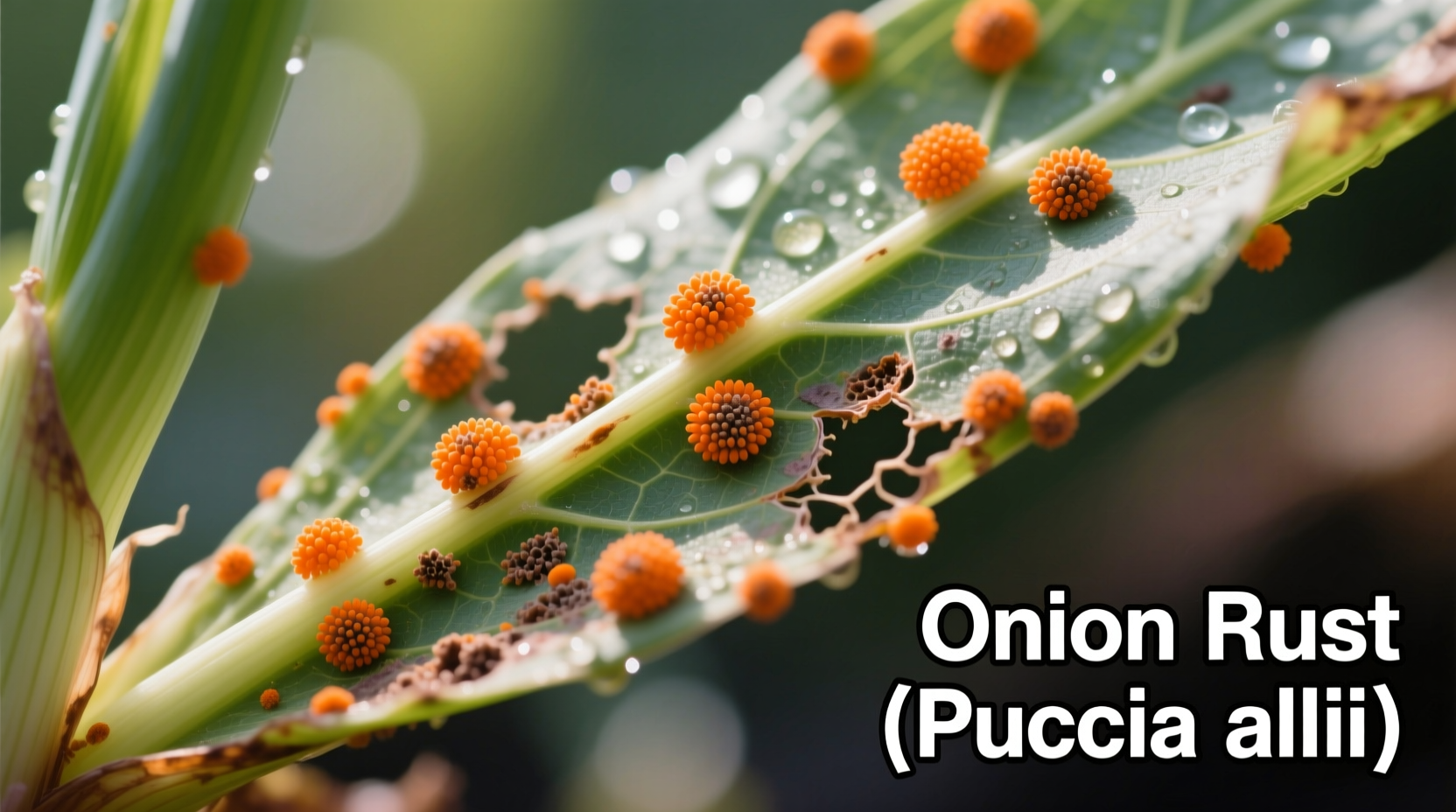 Close-up of onion leaves showing orange rust pustules