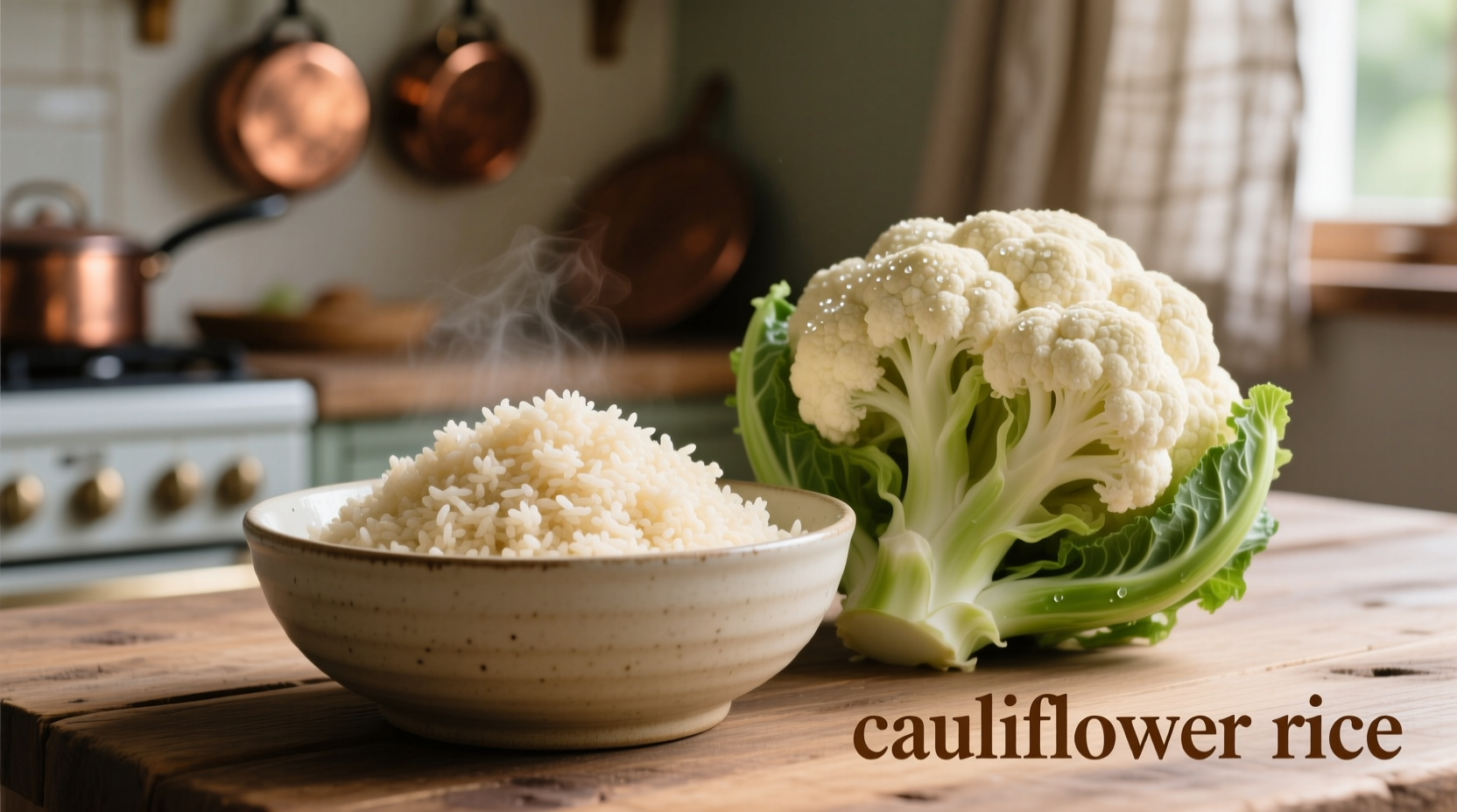 Cauliflower rice in bowl next to whole cauliflower