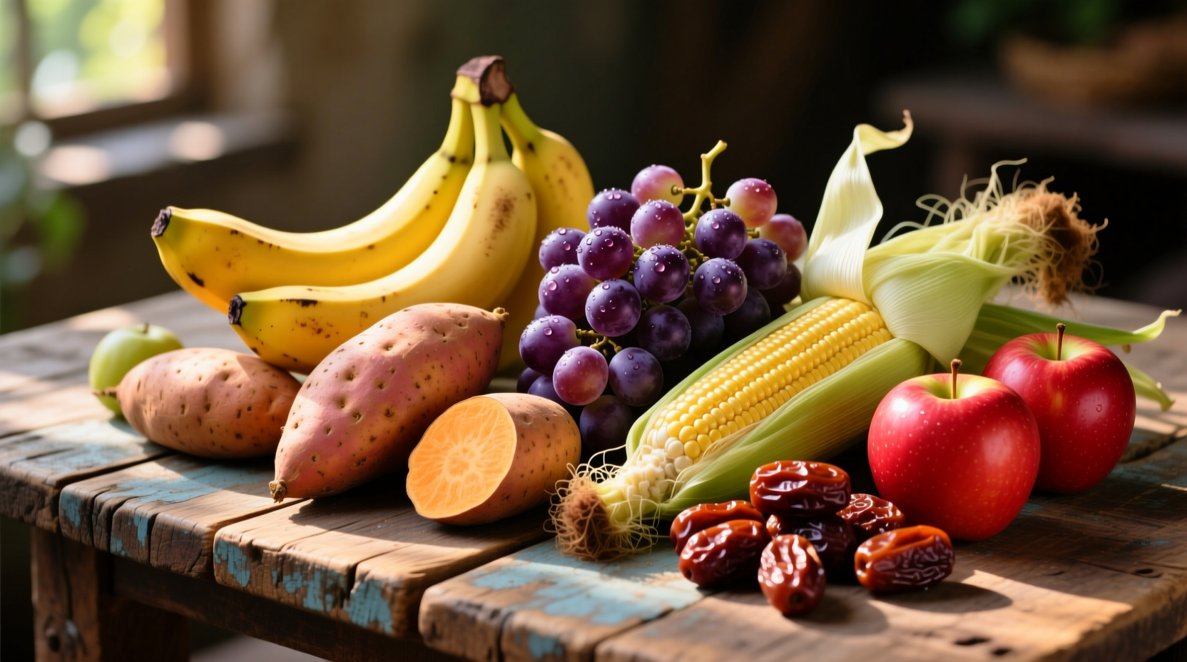 Colorful assortment of whole food carbohydrate sources on wooden table