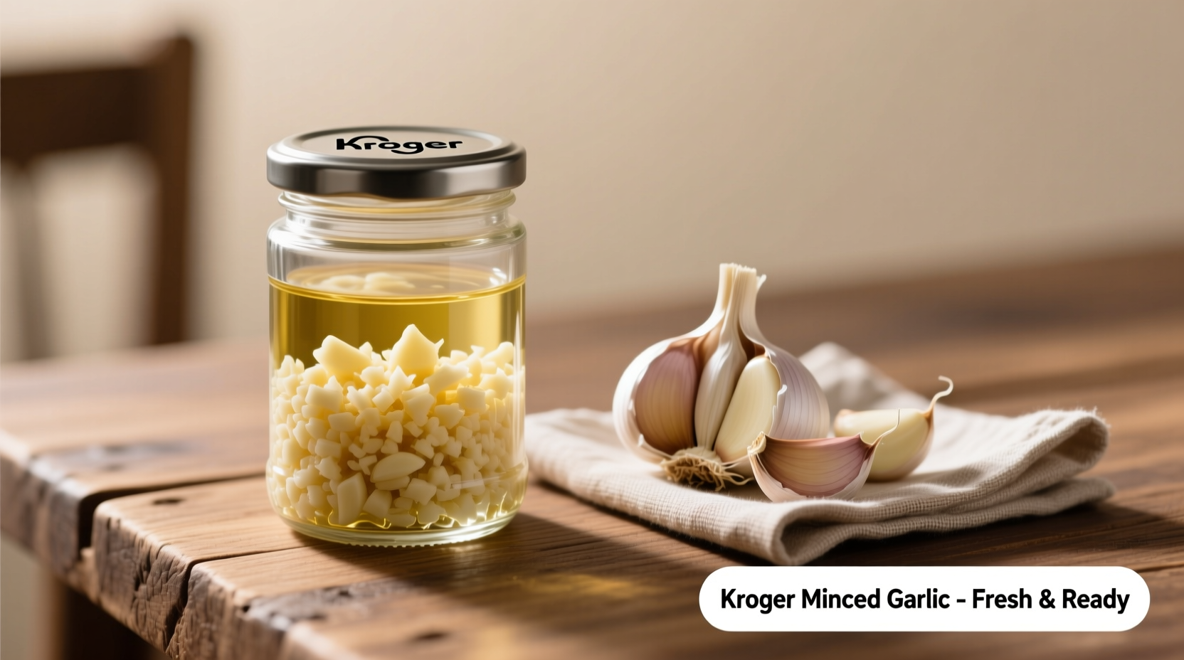 Kroger minced garlic jar next to fresh garlic cloves