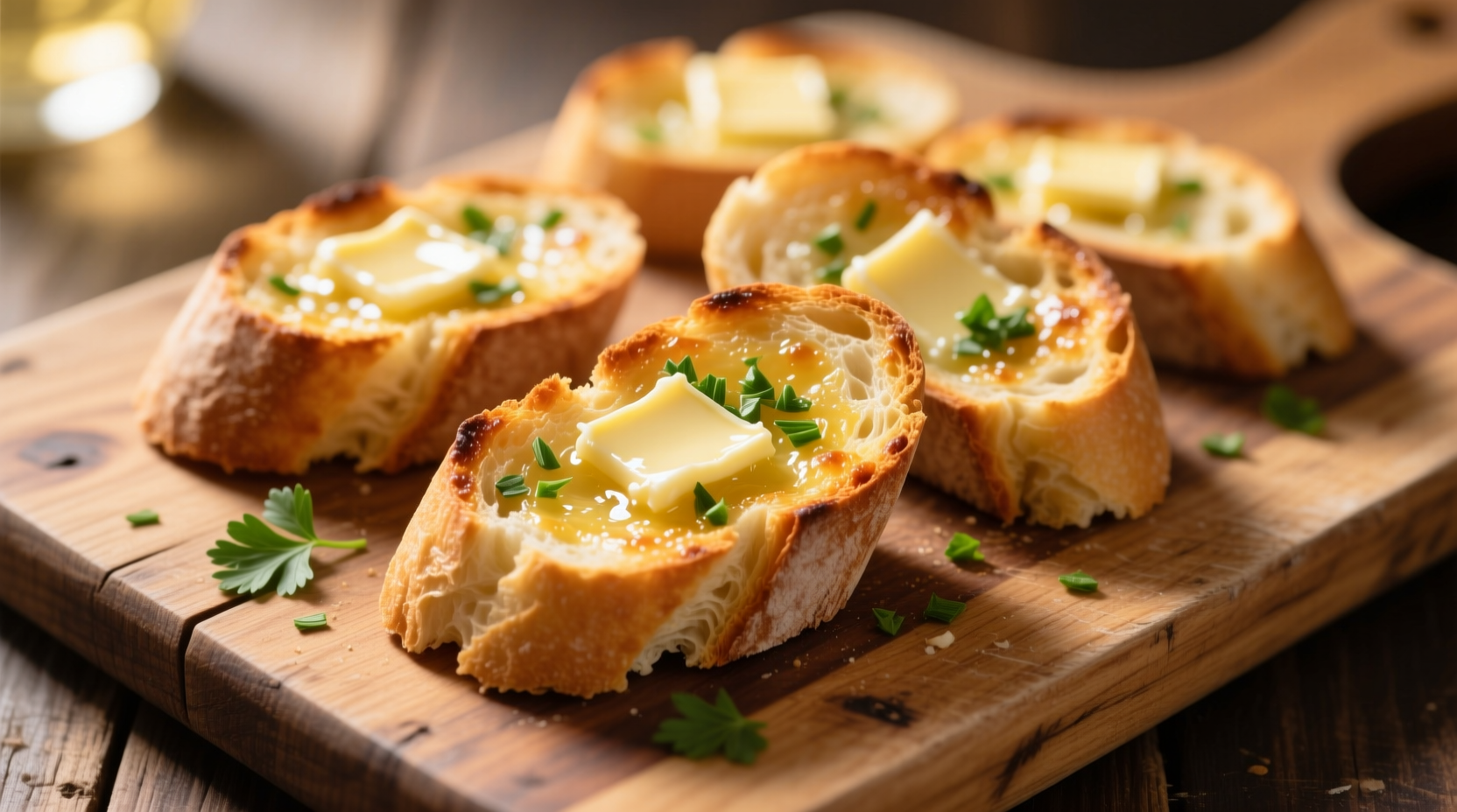 Golden garlic bread slices on wooden cutting board