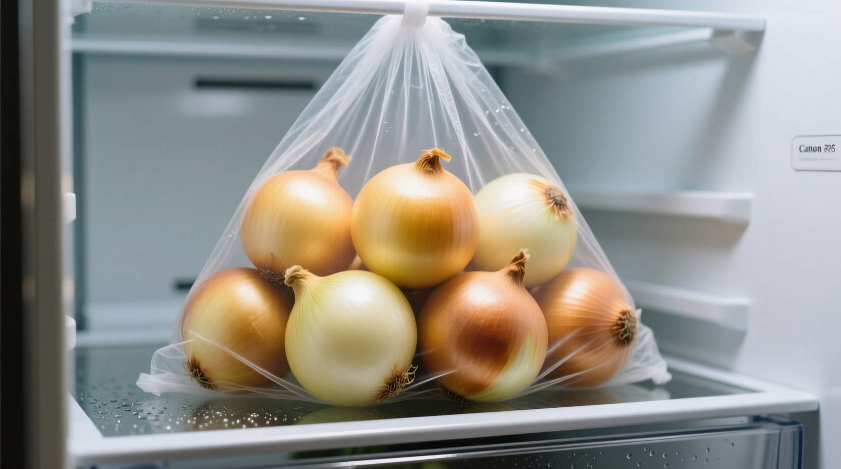 Fresh yellow onions in mesh bag inside refrigerator