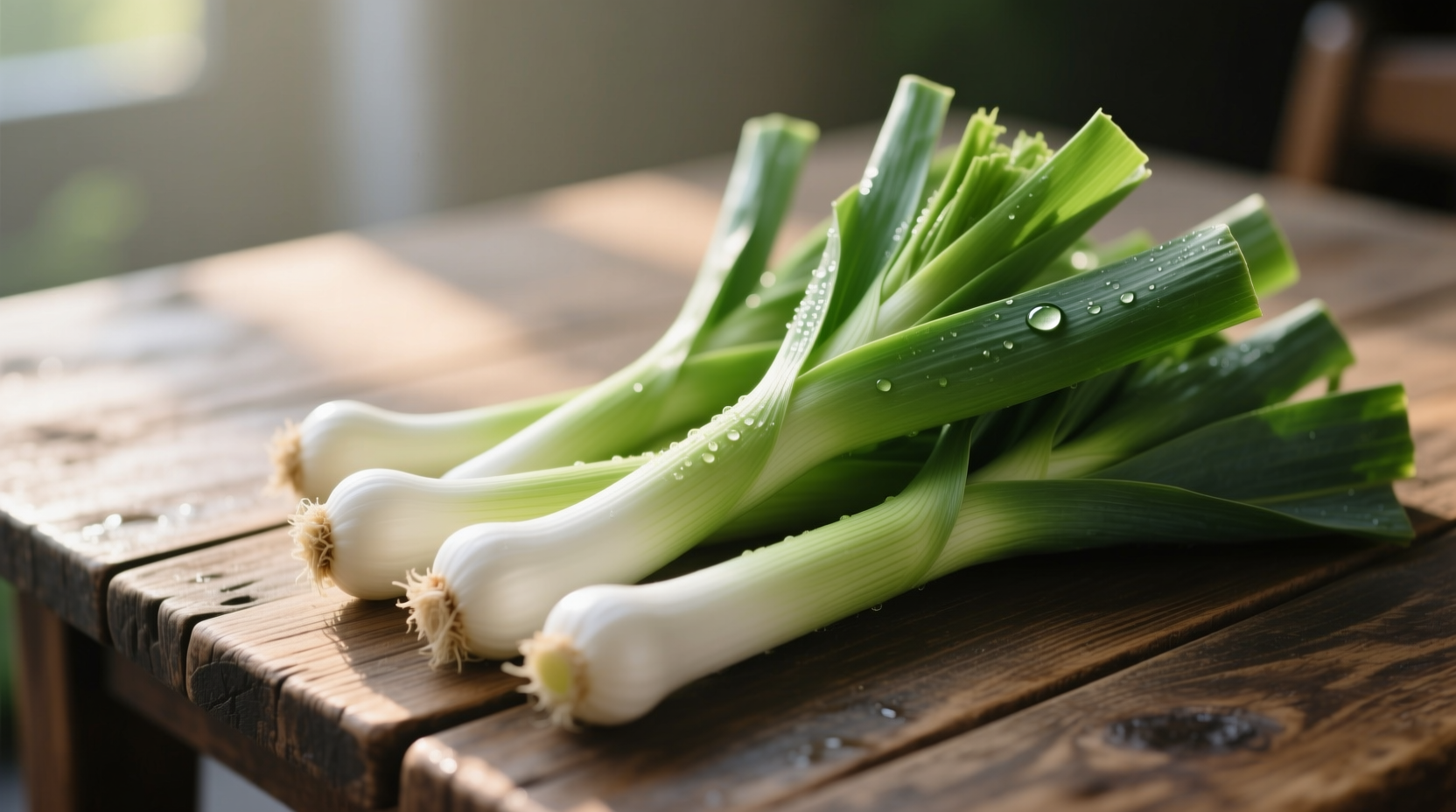 Fresh leeks with white bulbs and green leaves on wooden table