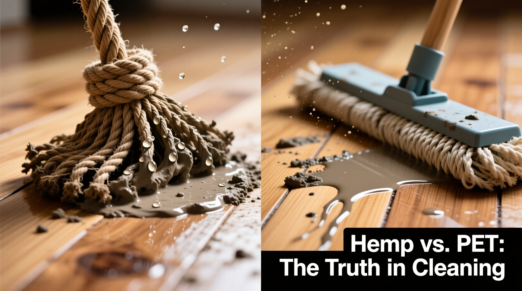 Side-by-side close-up of a hemp rope mop head lifting wet clay from hardwood floor grain versus a stiff PET string mop leaving smears and residual moisture in the wood's surface grooves