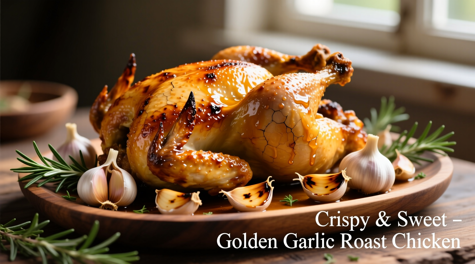 Golden roasted chicken surrounded by caramelized garlic cloves
