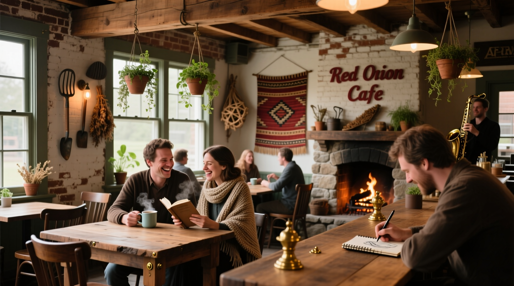 Red Onion Cafe interior with rustic decor and patrons