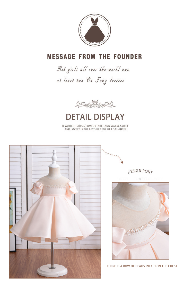 New Arrival High Waisted Short Sleeve Cute Champagne Stain Beading Beach Children Girl Dress With Two Bow On Shoulder