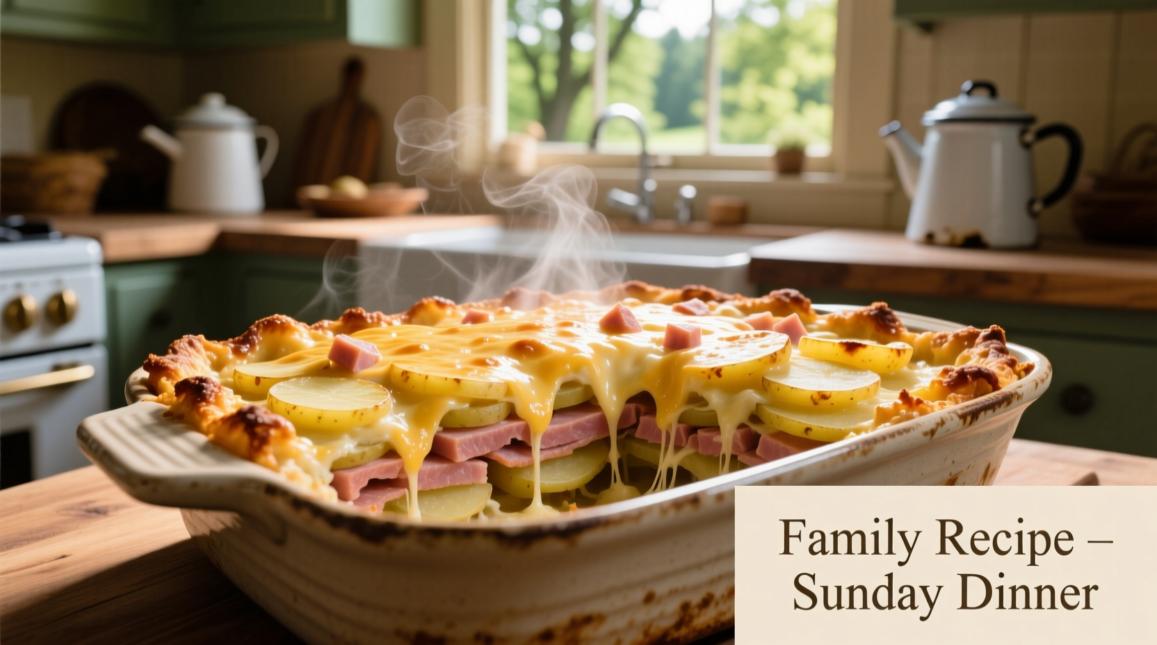 Layered ham and potato casserole in baking dish