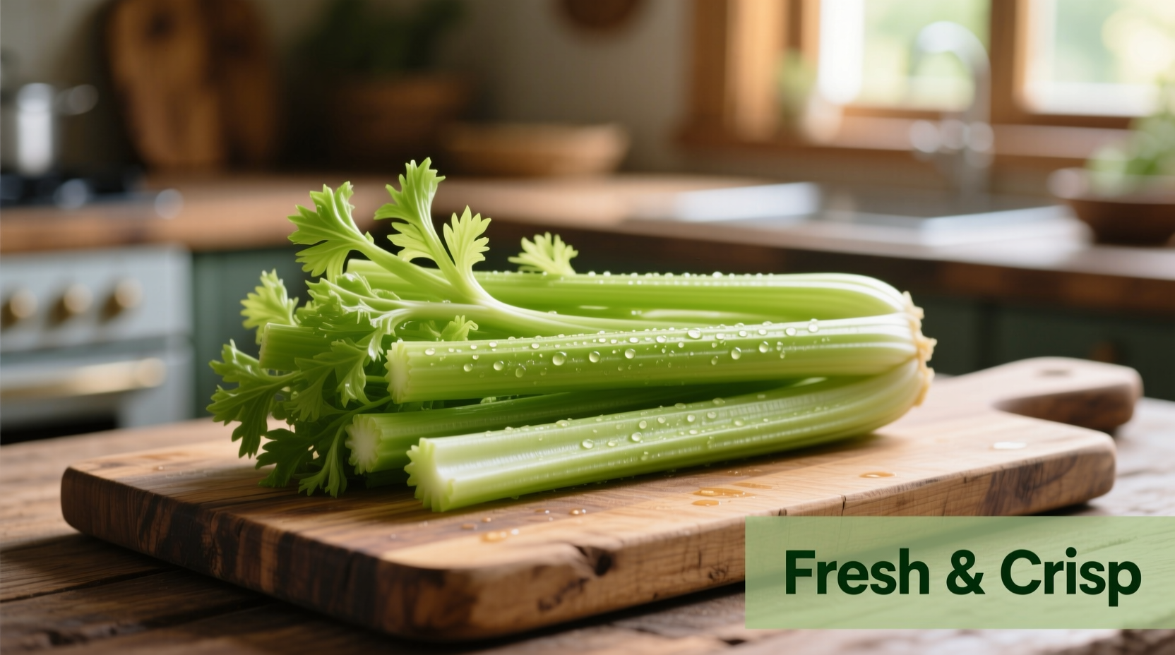 Fresh celery ribs on wooden cutting board