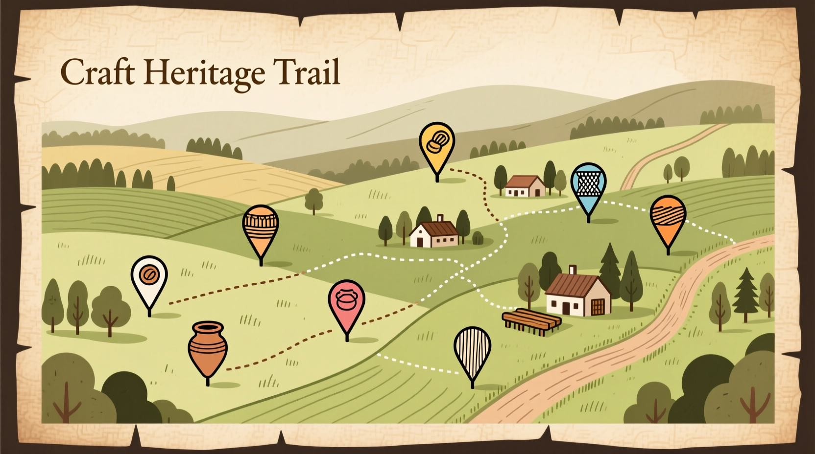 Map showing craft studio locations with pins across rural landscape