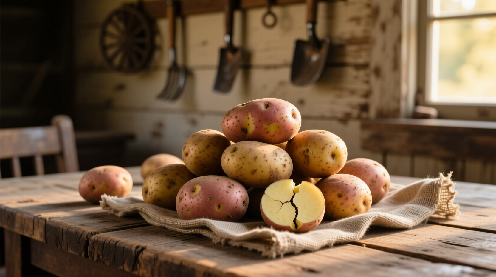 Russet Burbank potatoes on wooden table