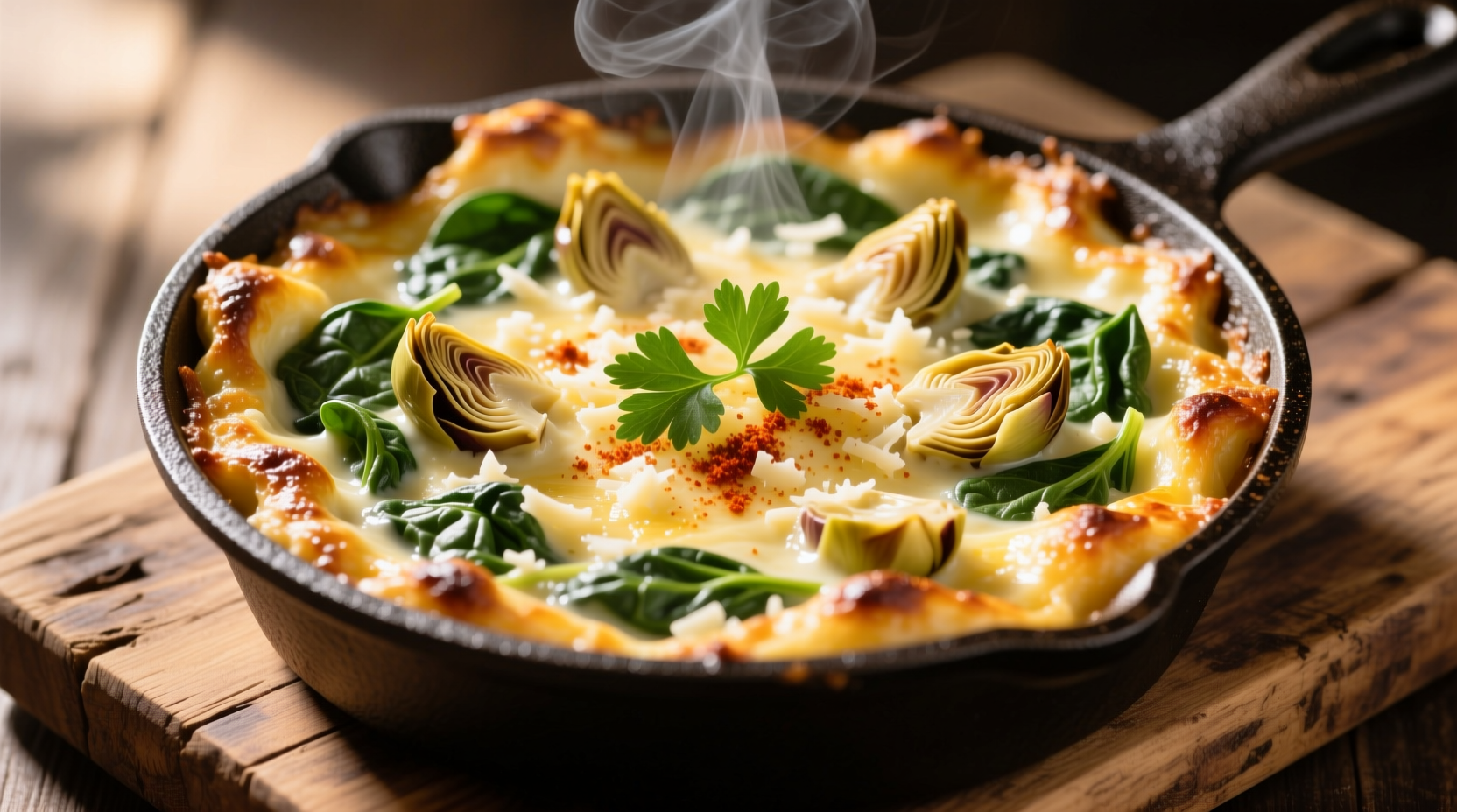 Golden baked spinach artichoke dip in cast iron skillet