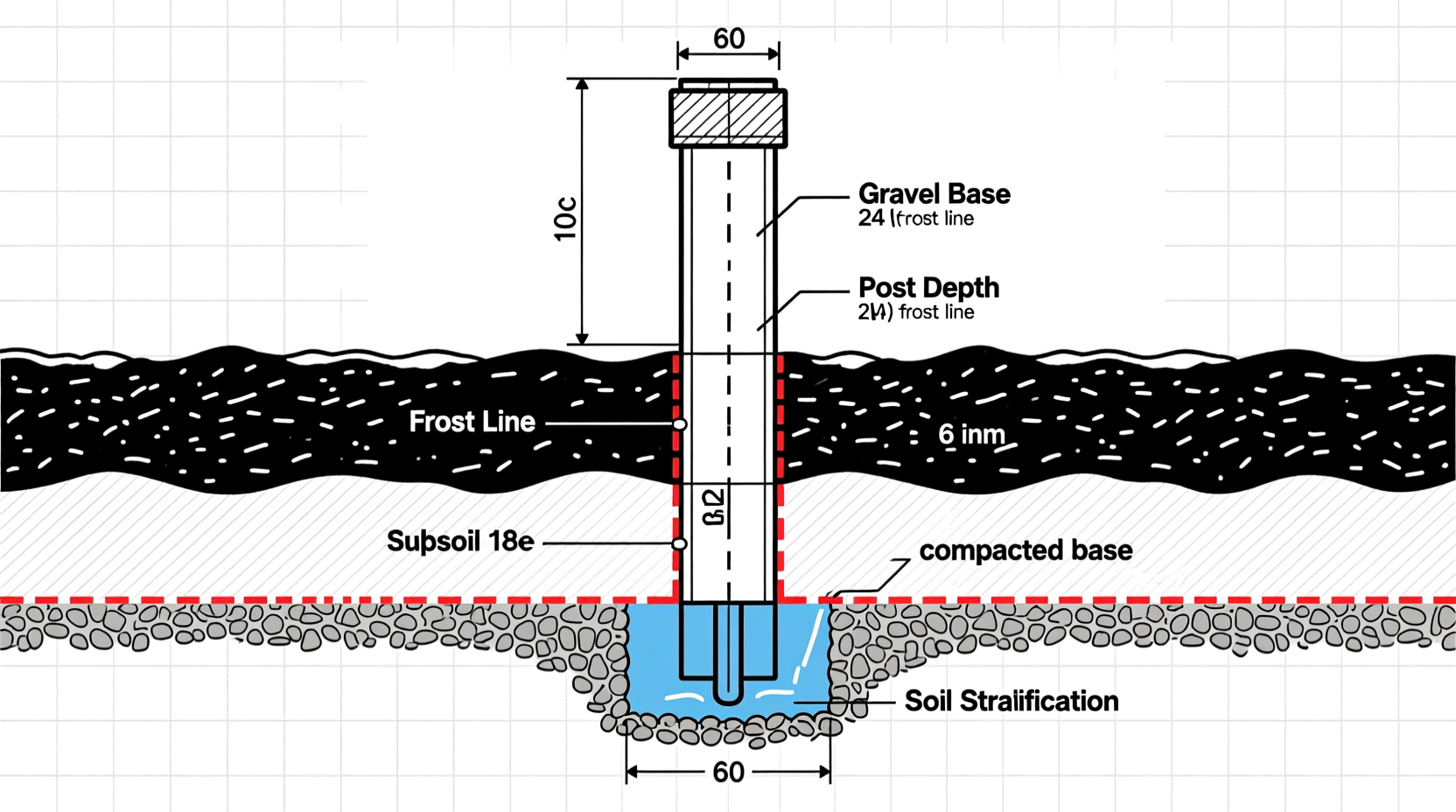 Proper fence post depth diagram showing soil types and measurements