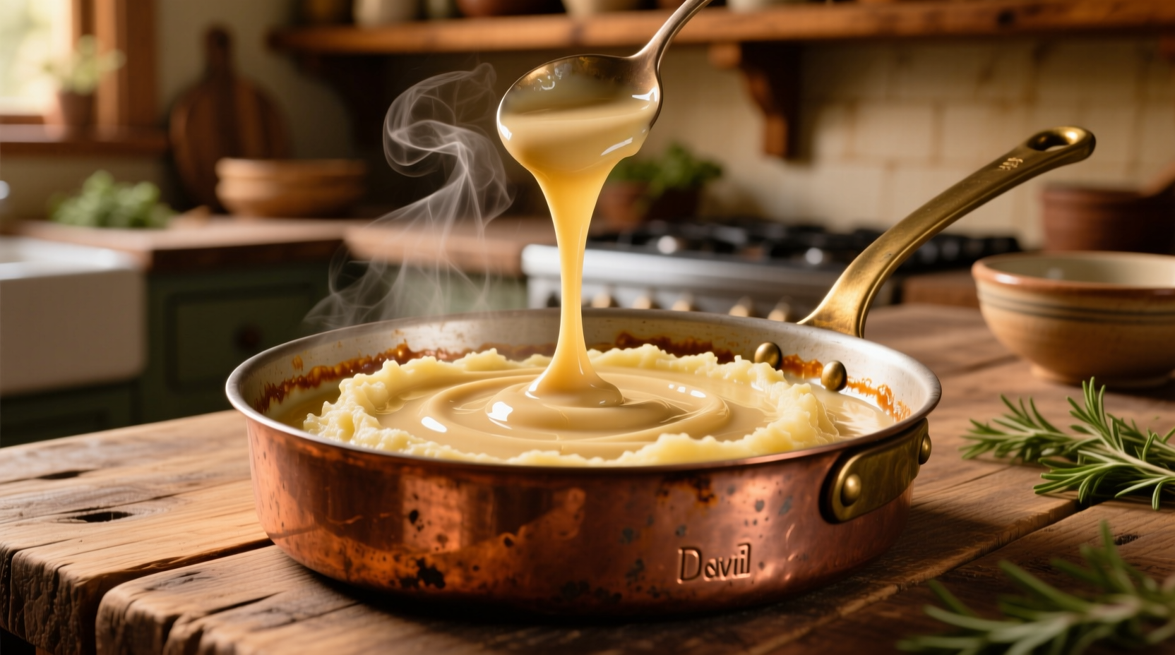 Smooth homemade mashed potato gravy in a copper pan
