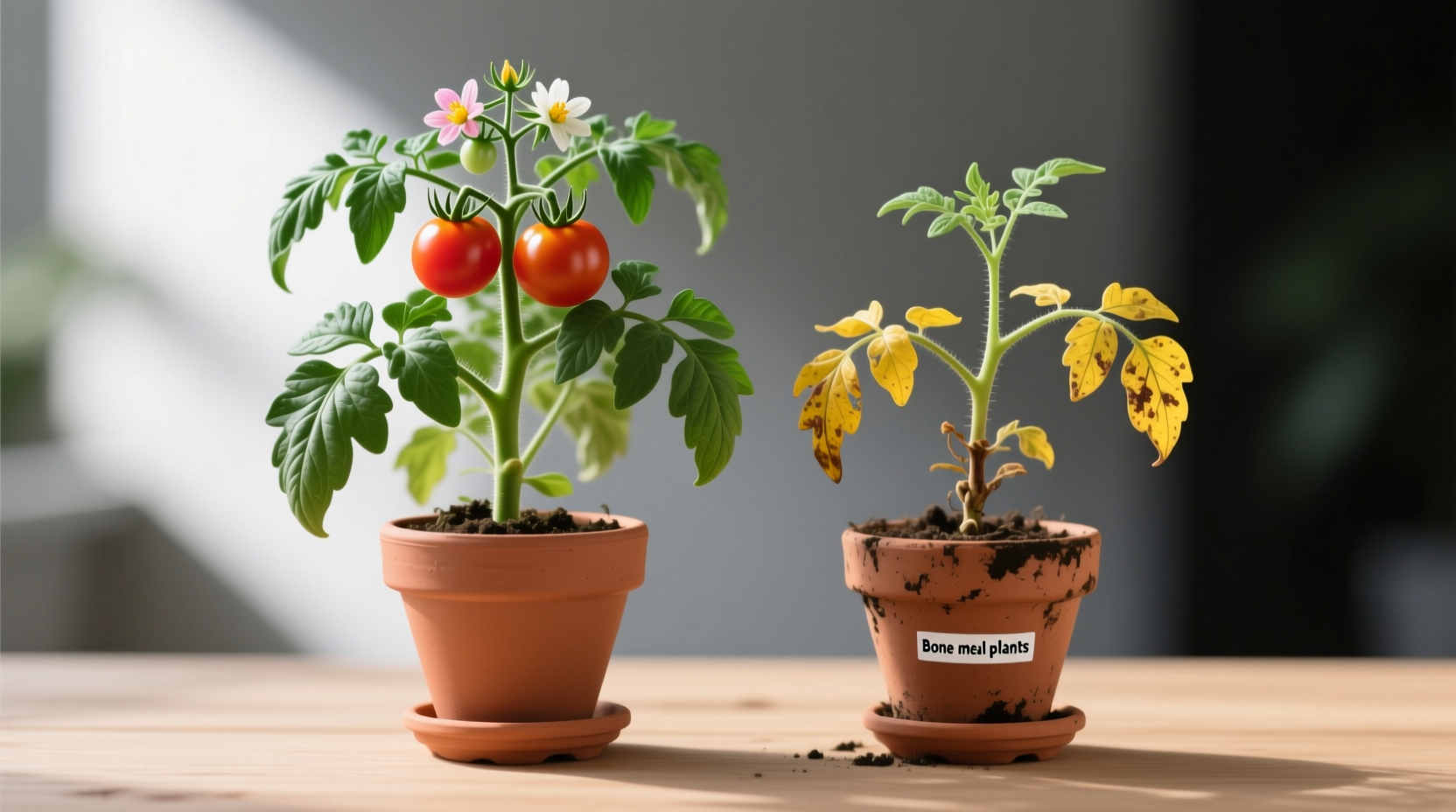 Comparison of healthy tomato plants with flowers versus yellowing plants showing chlorosis from improper fertilizer use